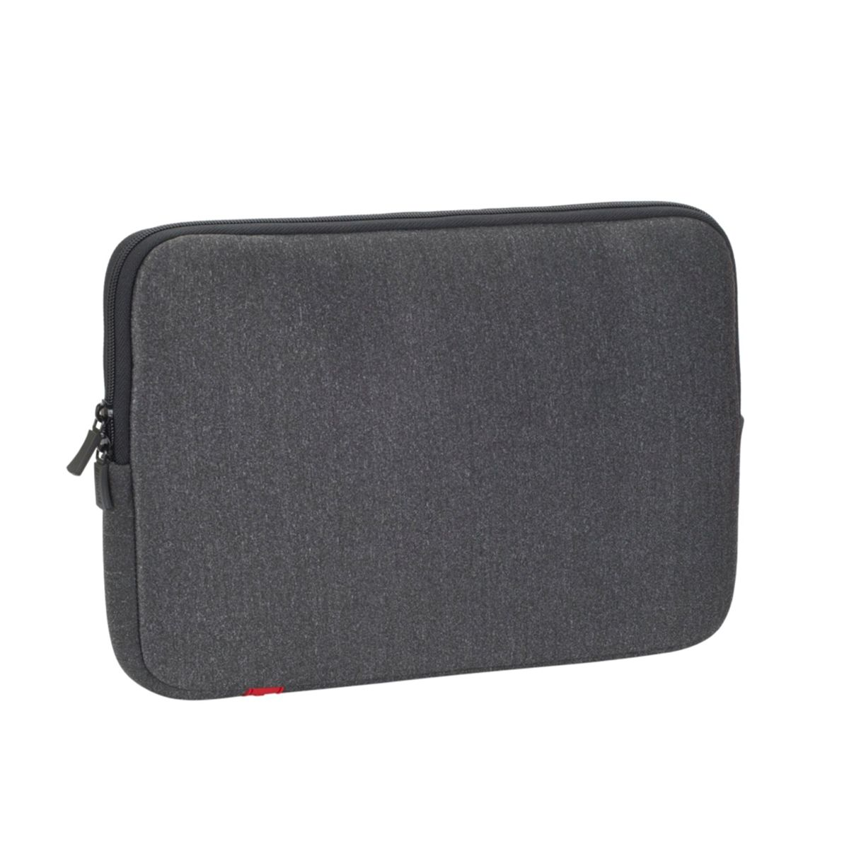 Ciemnoszara torba na laptopa z zamkiem, na białym tle.