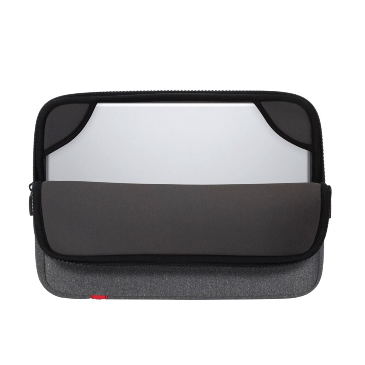 Szara torba na laptop z otwartą komorą, widoczny srebrny ekran laptopa.