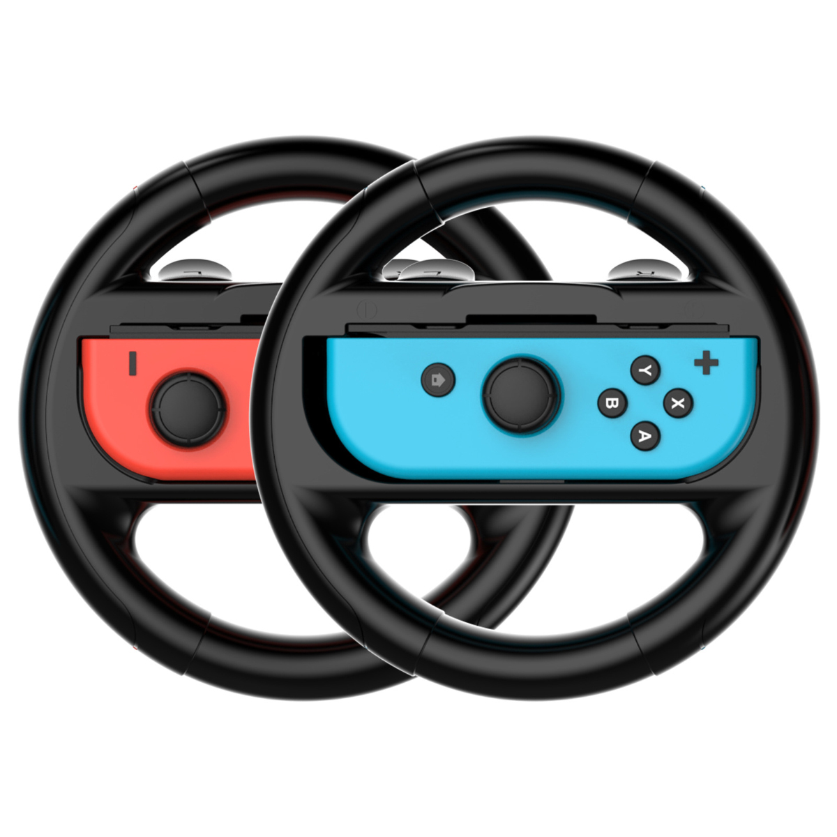 Due volanti neri con inserti Joy-Con rossi e blu.