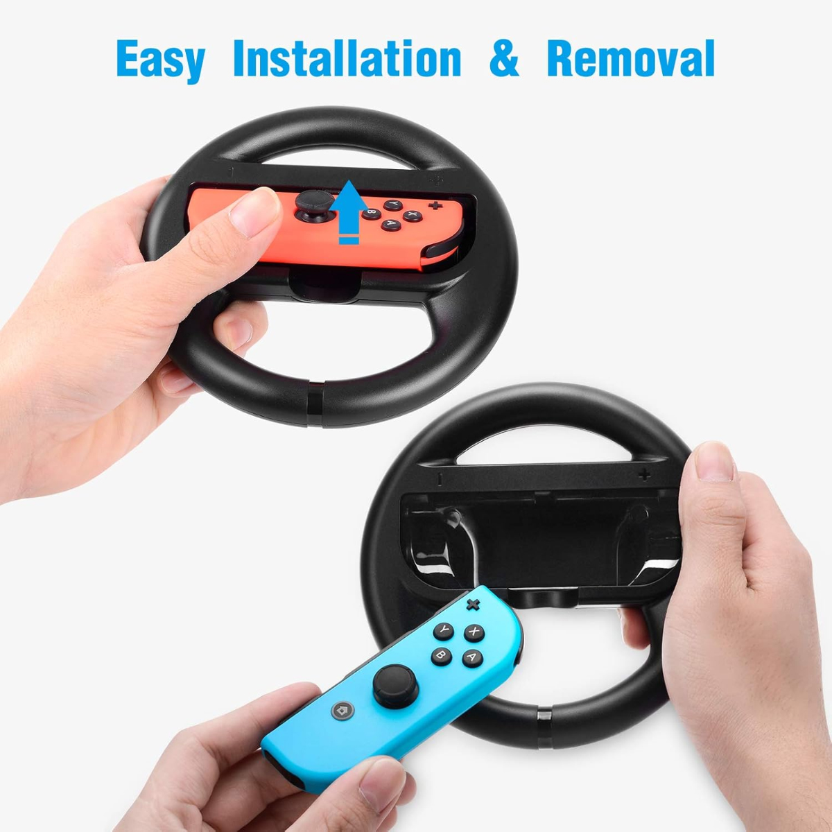 Mani installano un Joy-Con rosso in un accessorio per volante nero.