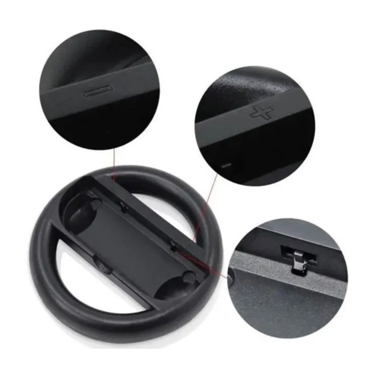 Accessorio volante da gioco nero con primi piani di pulsanti e clip.