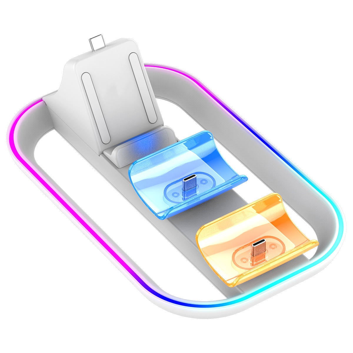 Dock di ricarica bianco con porte USB-C blu e arancioni, illuminate da luci al neon.