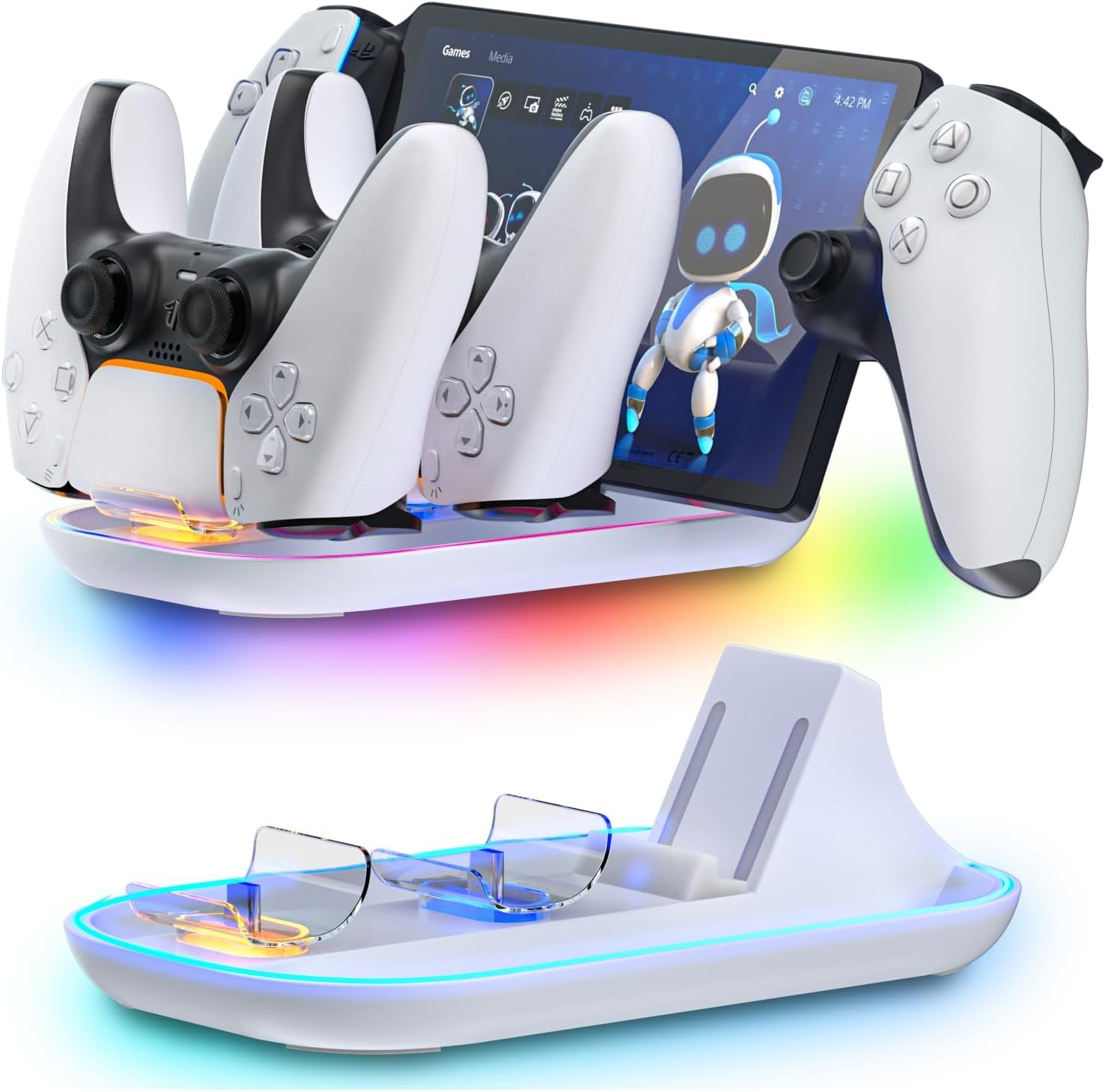 Dock di ricarica bianco con controller multipli e un tablet, illuminato da luci RGB.