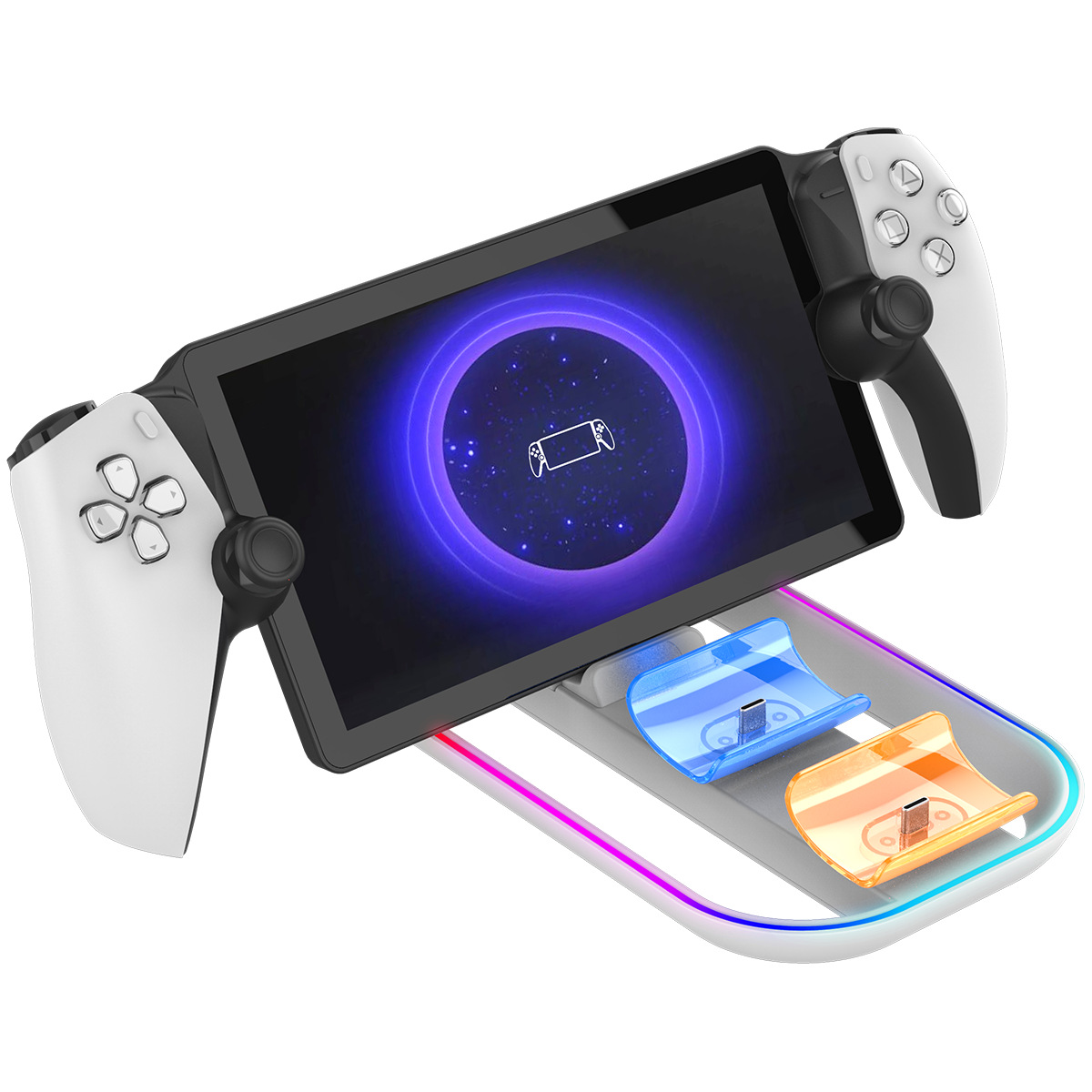 Una console di gioco portatile bianca e nera con controller collegati, su una base di ricarica con inserti blu e arancioni.