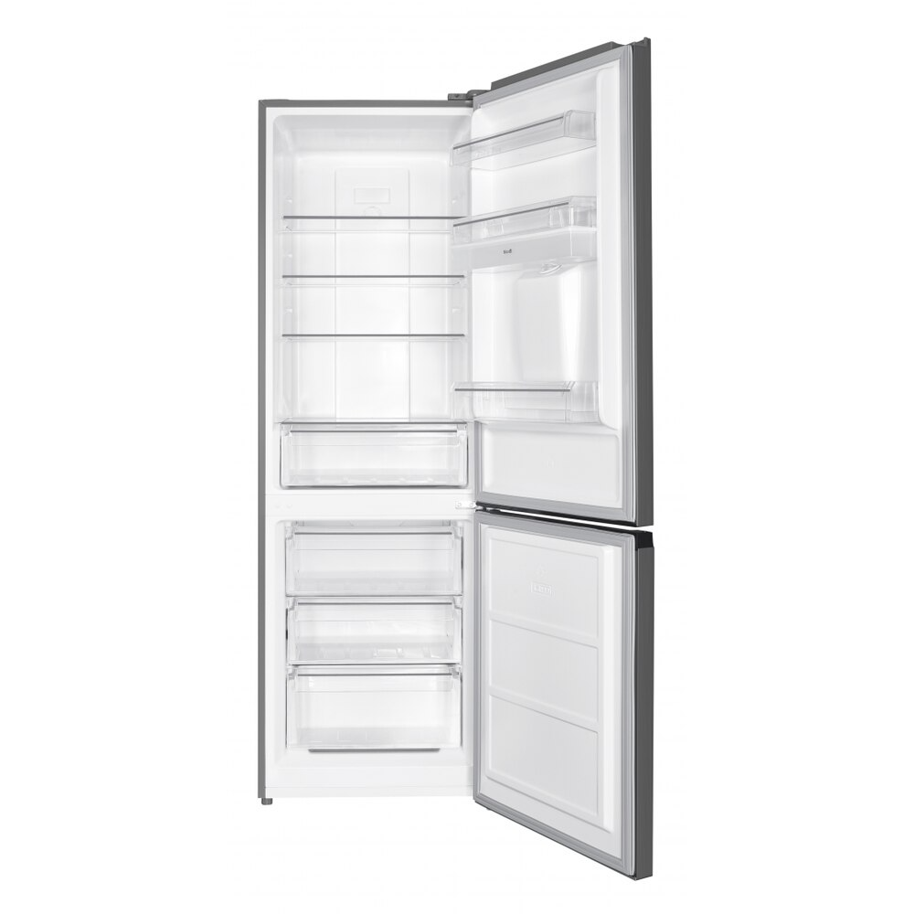 An open refrigerator with shelves and drawers. The freezer compartment is at the bottom.