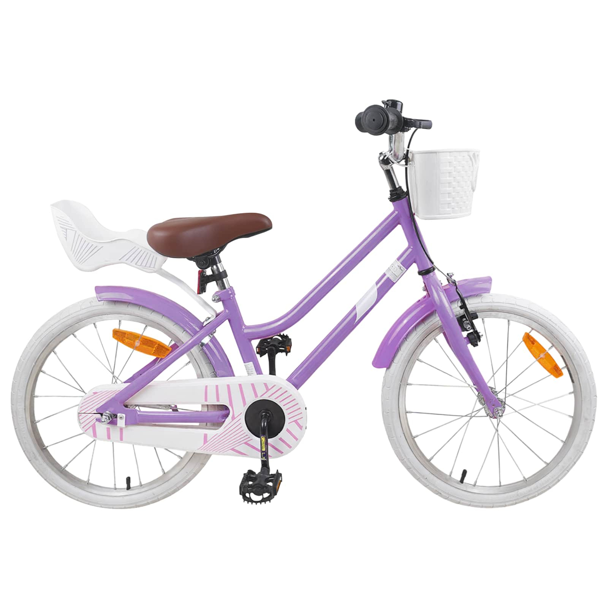 Ein lila Fahrrad mit weißen Reifen, braunem Sattel und weißem Korb.