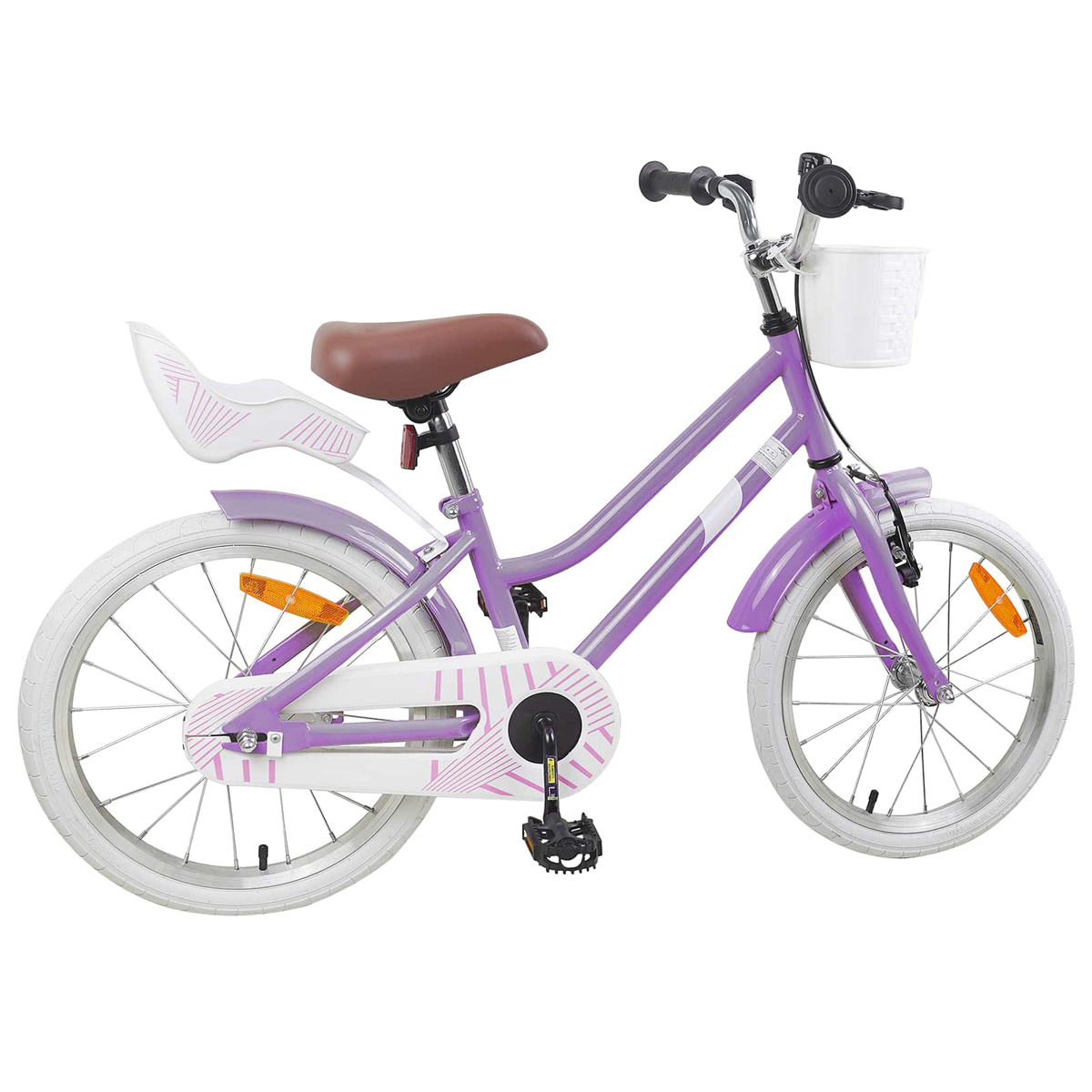 Lila Kinderfahrrad mit weißem Korb, braunem Sitz und weißen Reifen.