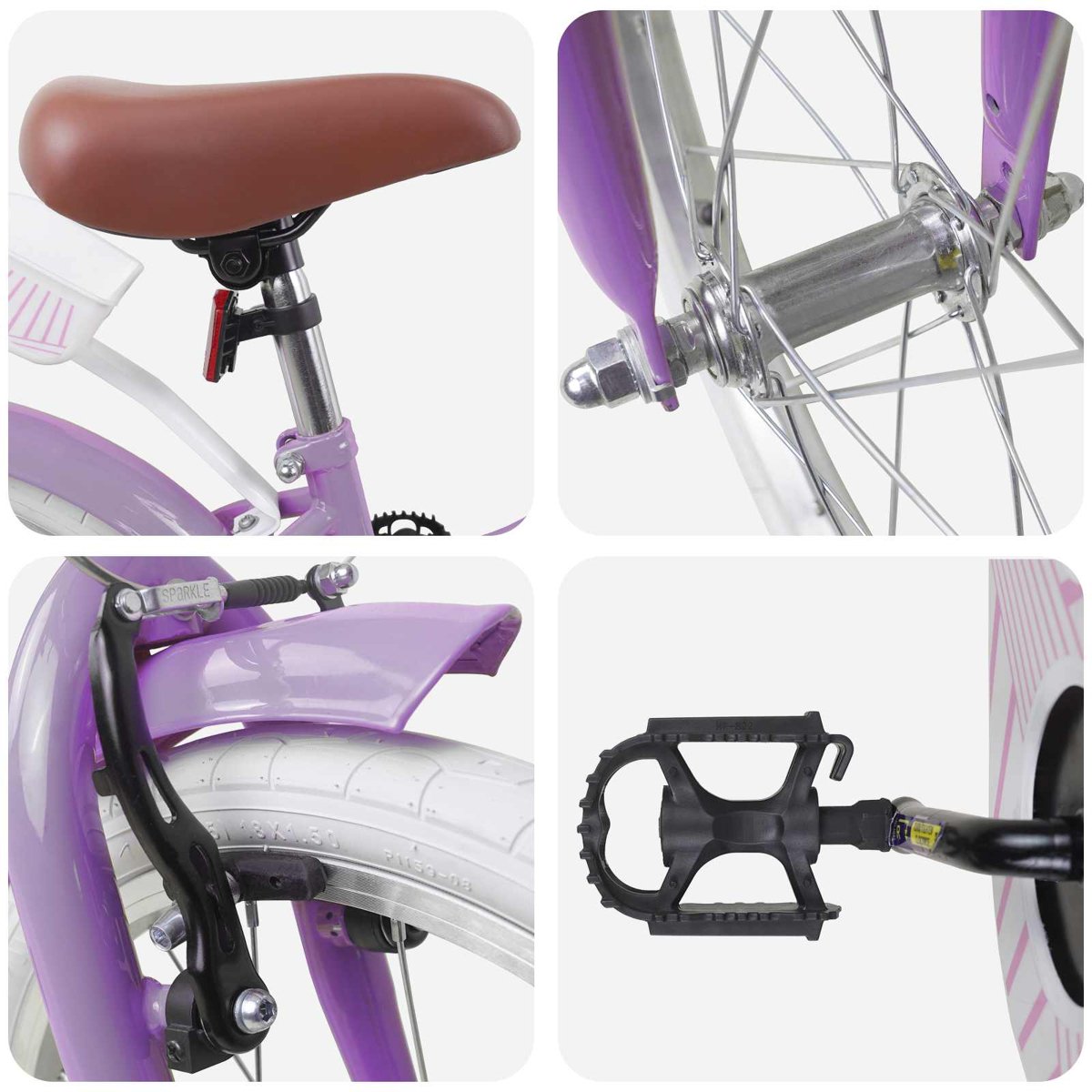 Nahaufnahme eines violetten Fahrrads: Sattel, Hinterradnabe, Bremse und Pedal.