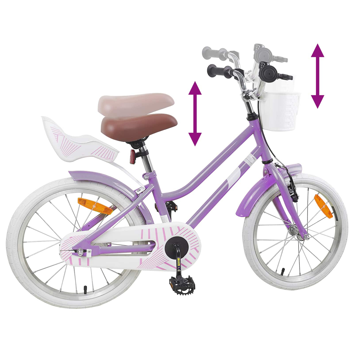Lila Kinderfahrrad mit weißen Reifen, Korb und verstellbaren Teilen.