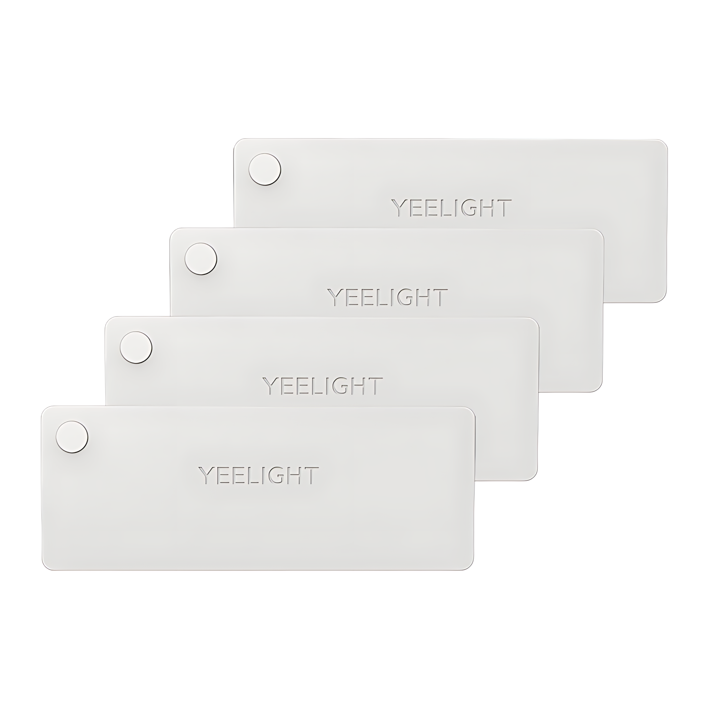 Cztery białe produkty Yeelight z zaokrąglonymi rogami, ułożone.
