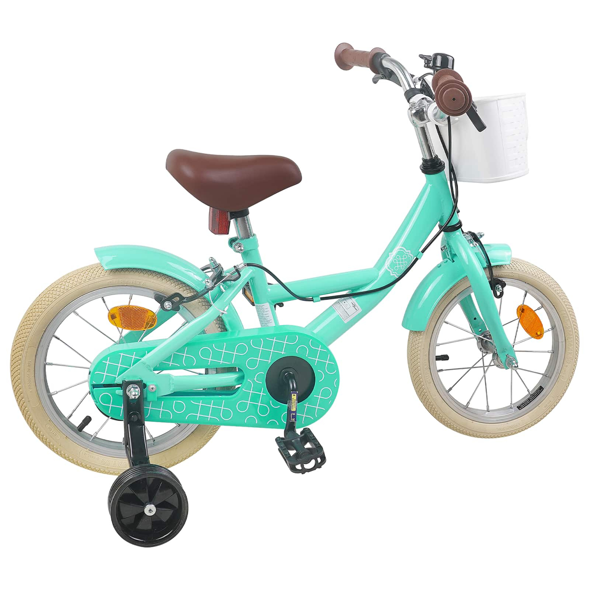 Türkisfarbenes Kinderfahrrad mit braunem Sattel, Korb und Stützrädern.