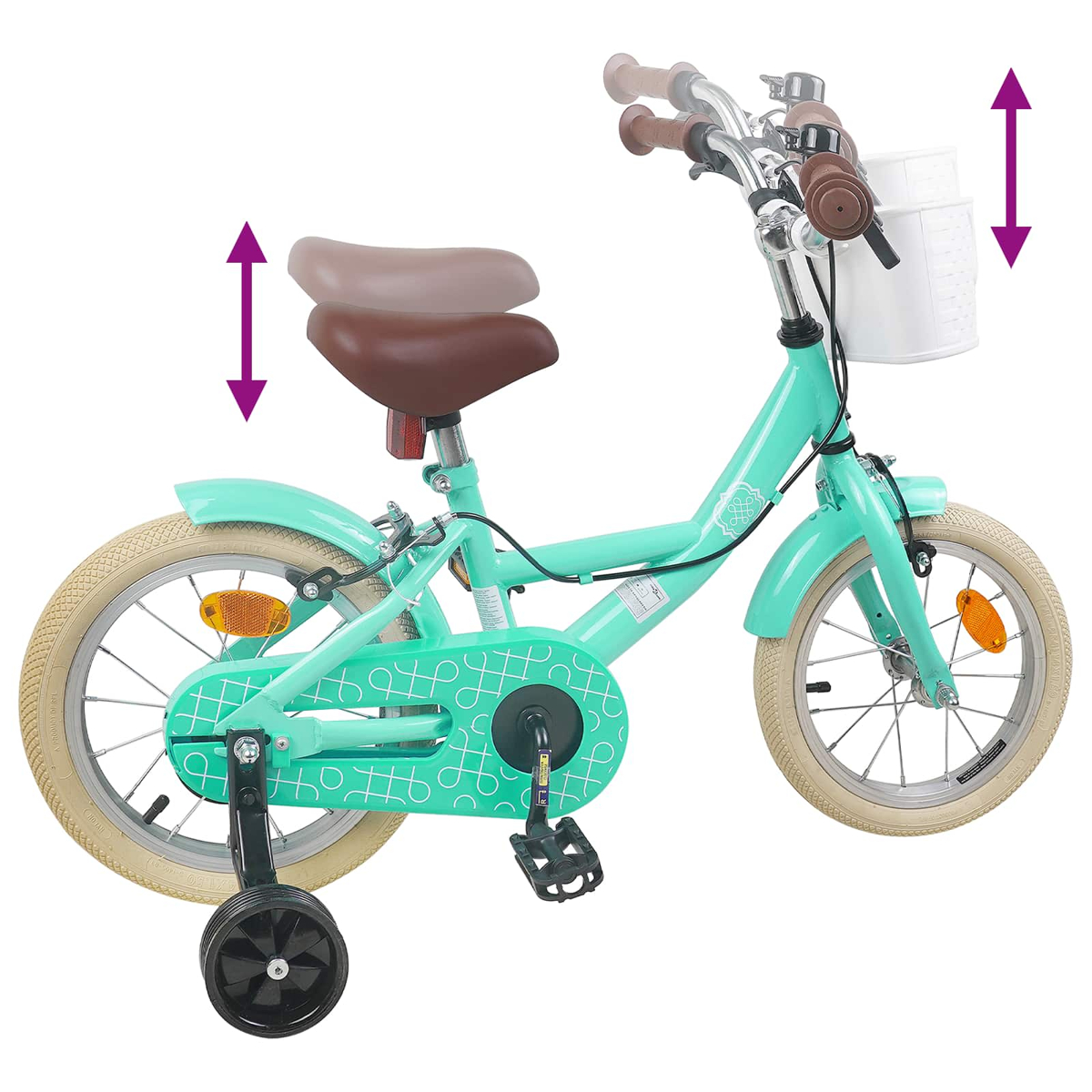 Türkisfarbenes Kinderfahrrad mit Stützrädern, weißem Korb und braunem Sattel.