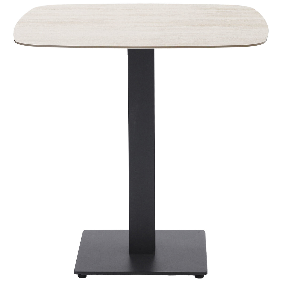 Een rechthoekige tafel met afgeronde hoeken en een licht houten tafelblad.