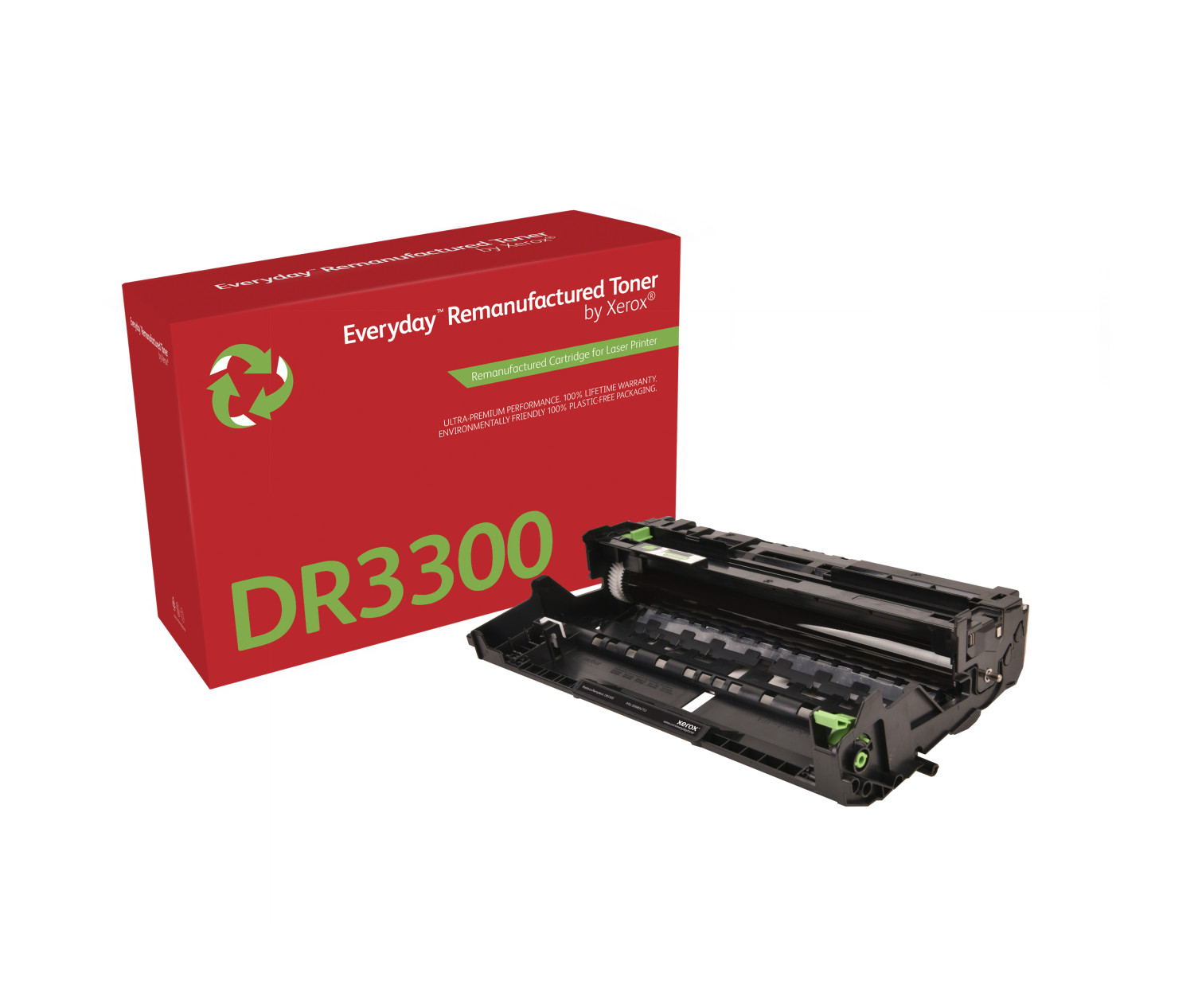 Scatola rossa con DR3300, toner Xerox e unità tamburo nera accanto.