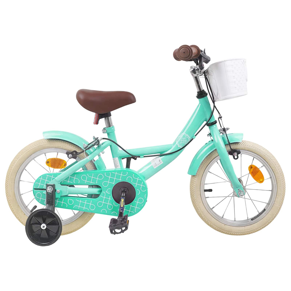 Türkisblaues Kinderfahrrad mit braunem Sattel, weißem Korb und Stützrädern.