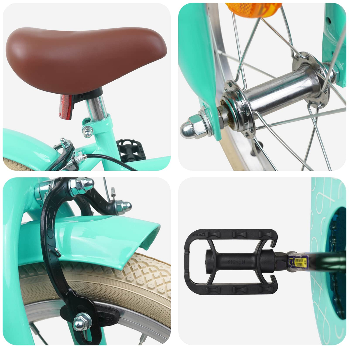 Details eines mintgrünen Fahrrads: Sattel, Vorderradnabe, Bremse und Pedal.