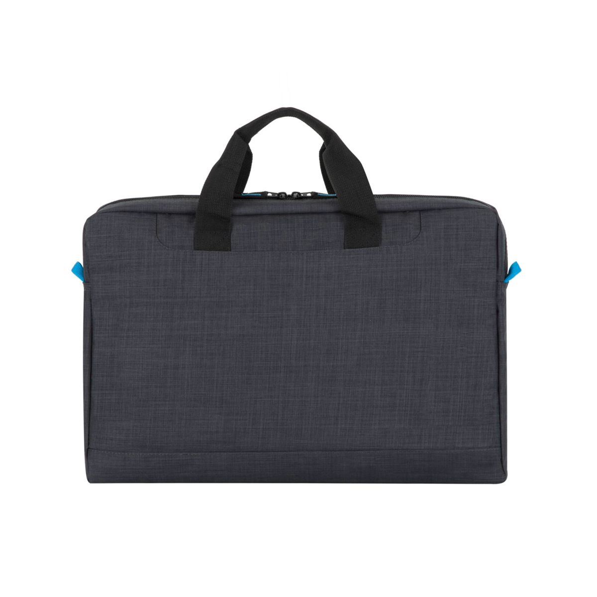 Ciemnoszara torba na laptopa z czarnymi uchwytami i niebieskimi detalami.