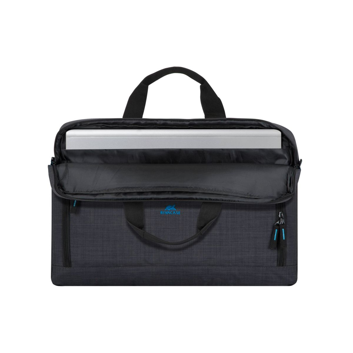 Czarna torba na laptopa z otwartą komorą, w środku laptop. Niebieskie logo.