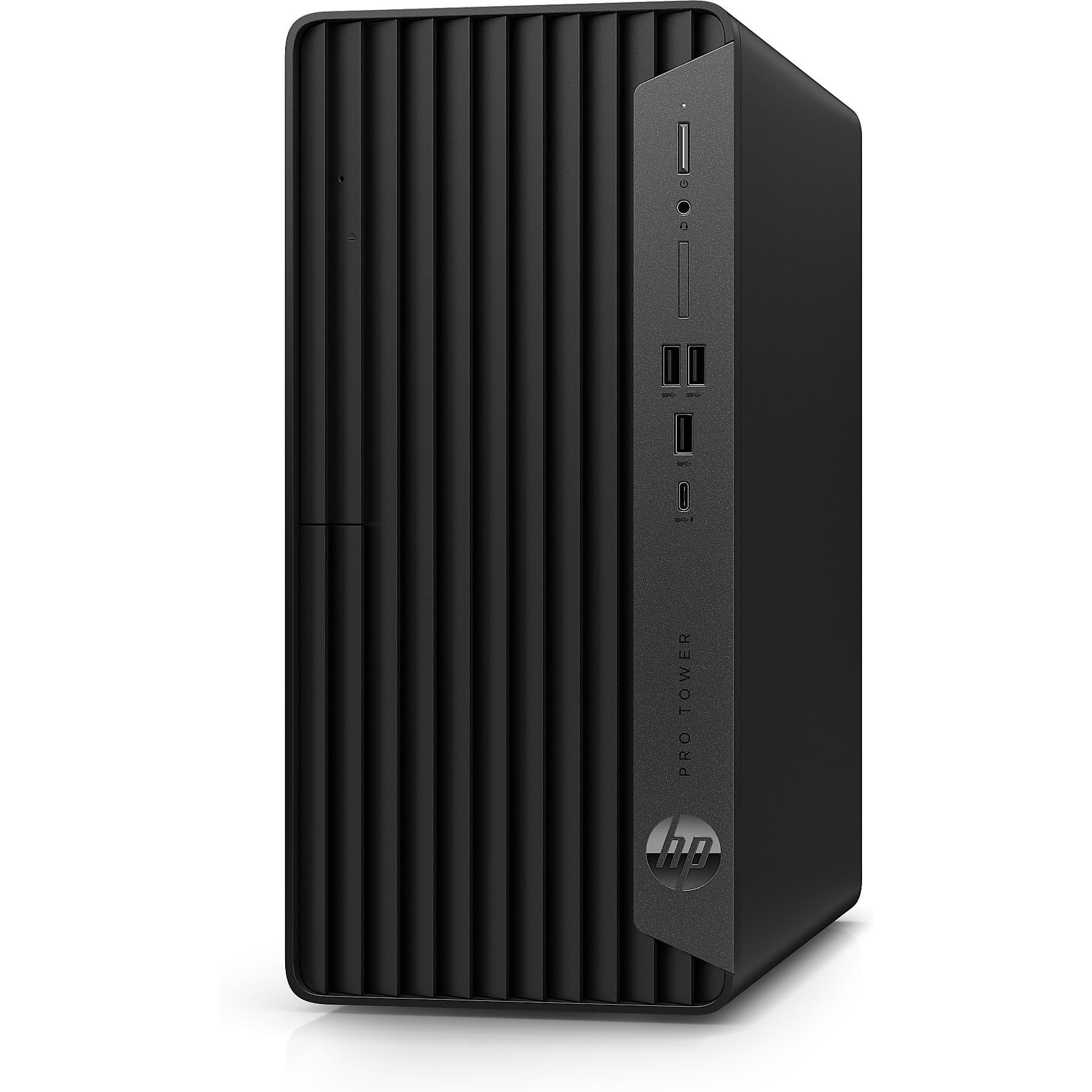 Un computer HP Pro Tower nero con prese d'aria verticali e porte.