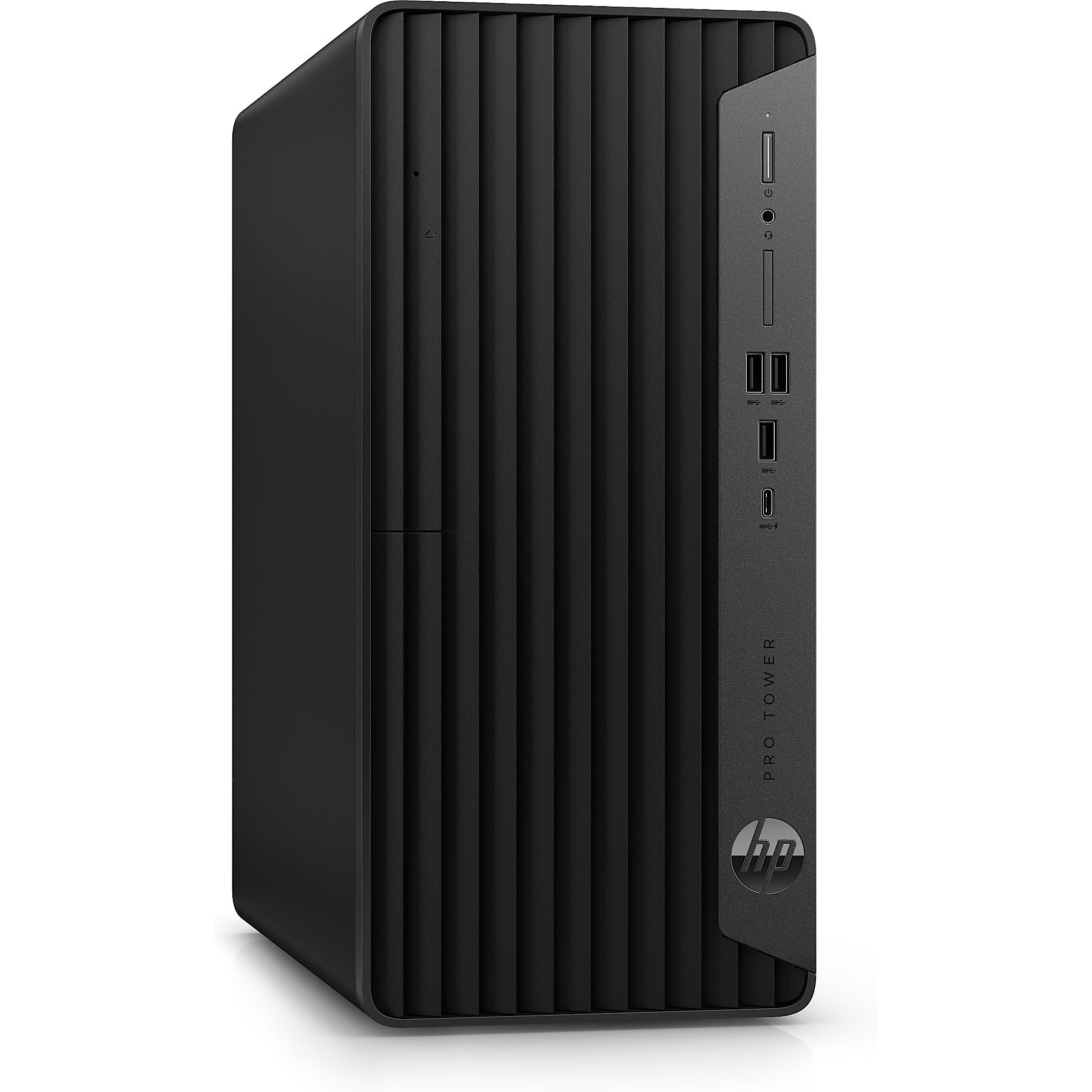 PC HP Pro Tower nero con scanalature verticali e porte frontali.
