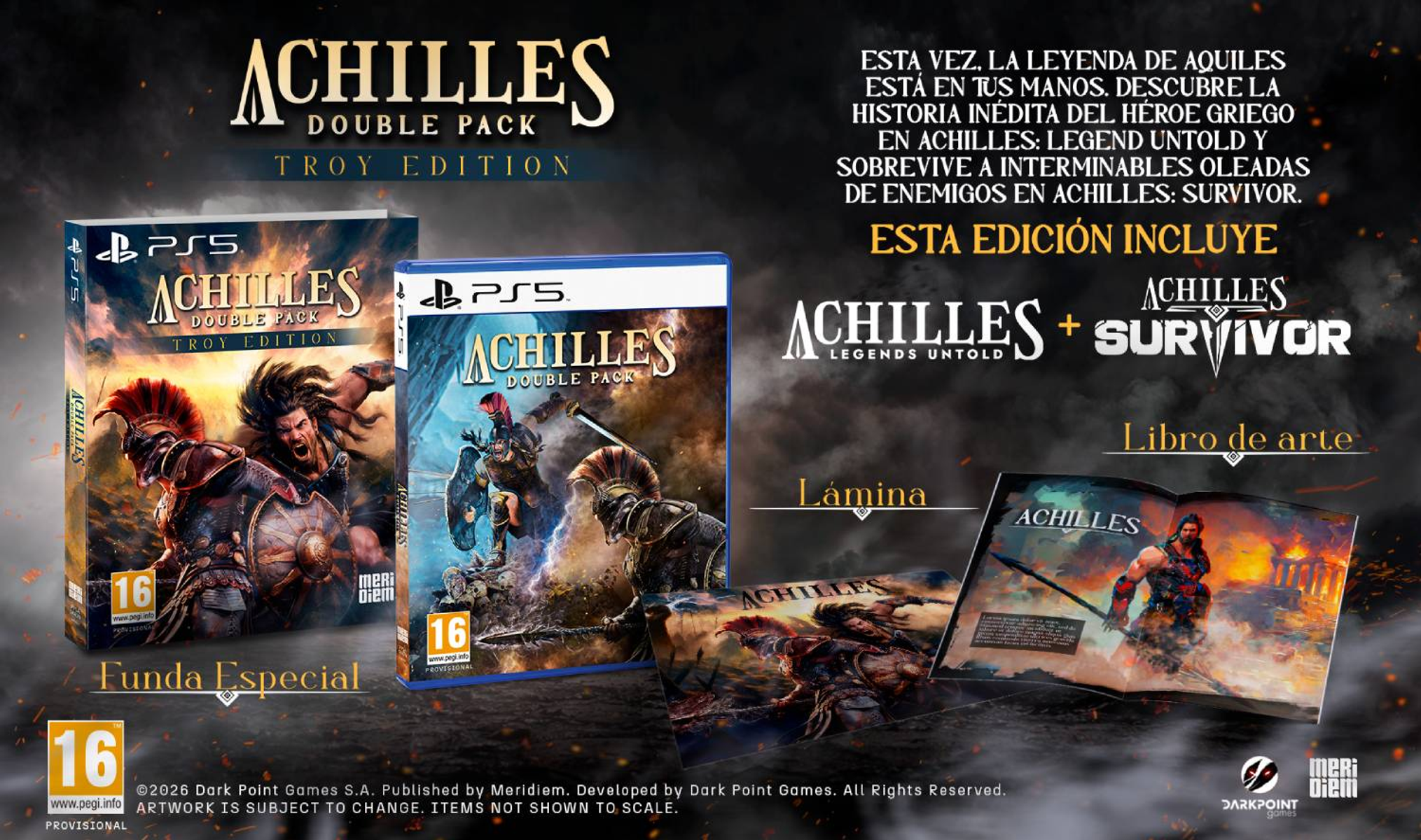 Cajas de juegos PS5 Achilles: Double Pack Troy Edition, libro de arte y lámina.