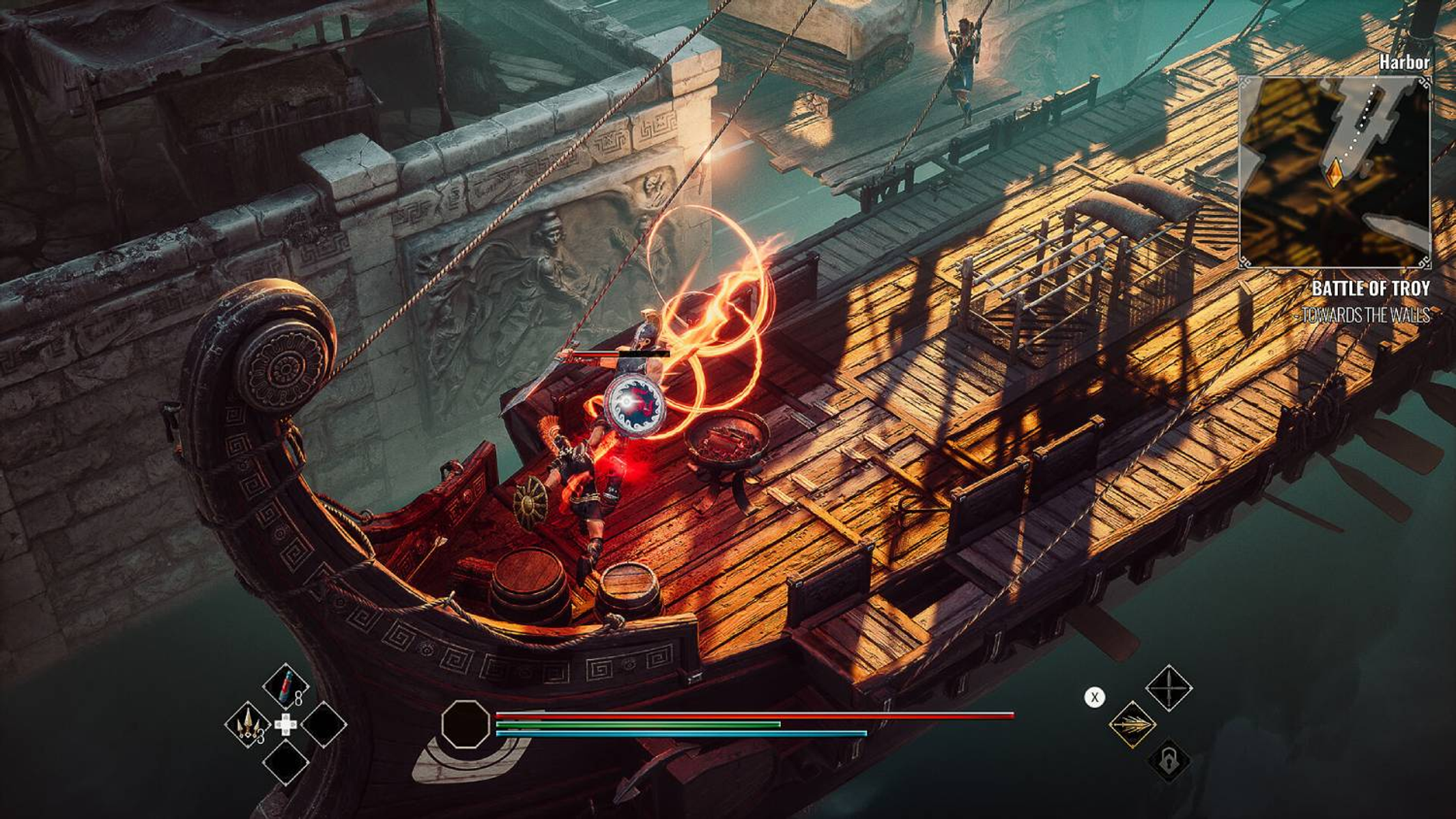 Dos guerreros luchan en un barco antiguo en el puerto de Troya.