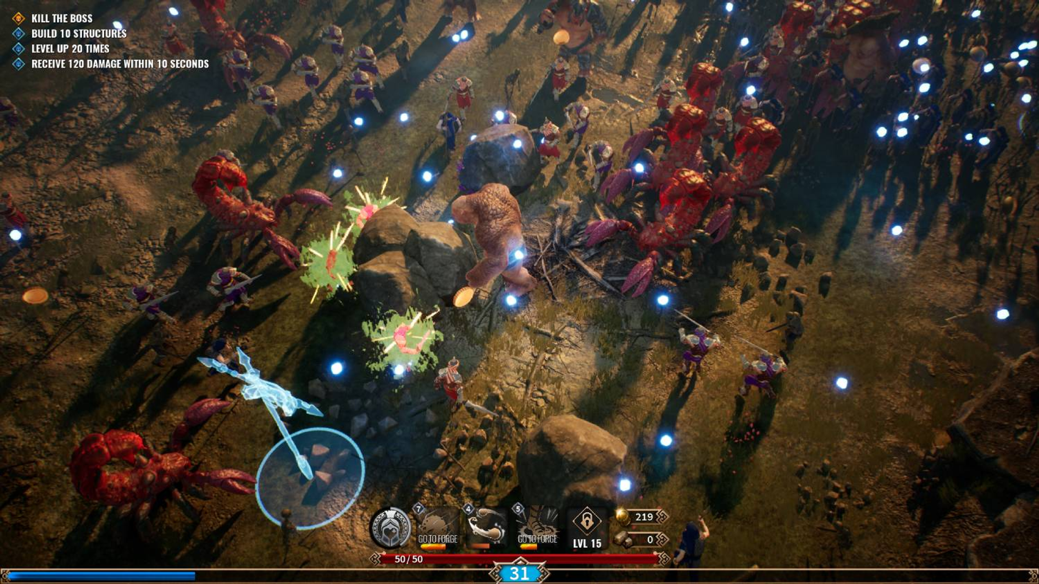 Juego de acción: Cangrejos gigantes y un oso atacan guerreros, luces mágicas.