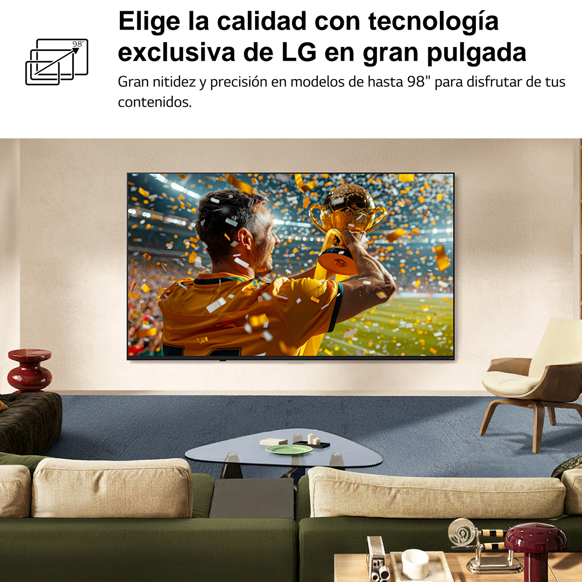 Un hombre celebra con un trofeo entre confeti, mostrado en una gran pantalla LG.