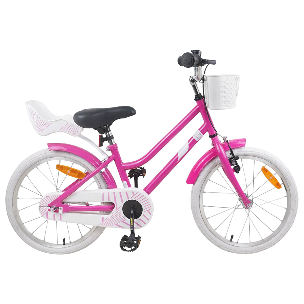 Ein pinkes Kinderfahrrad mit weißen Reifen, einem weißen Korb und einem Kindersitz.