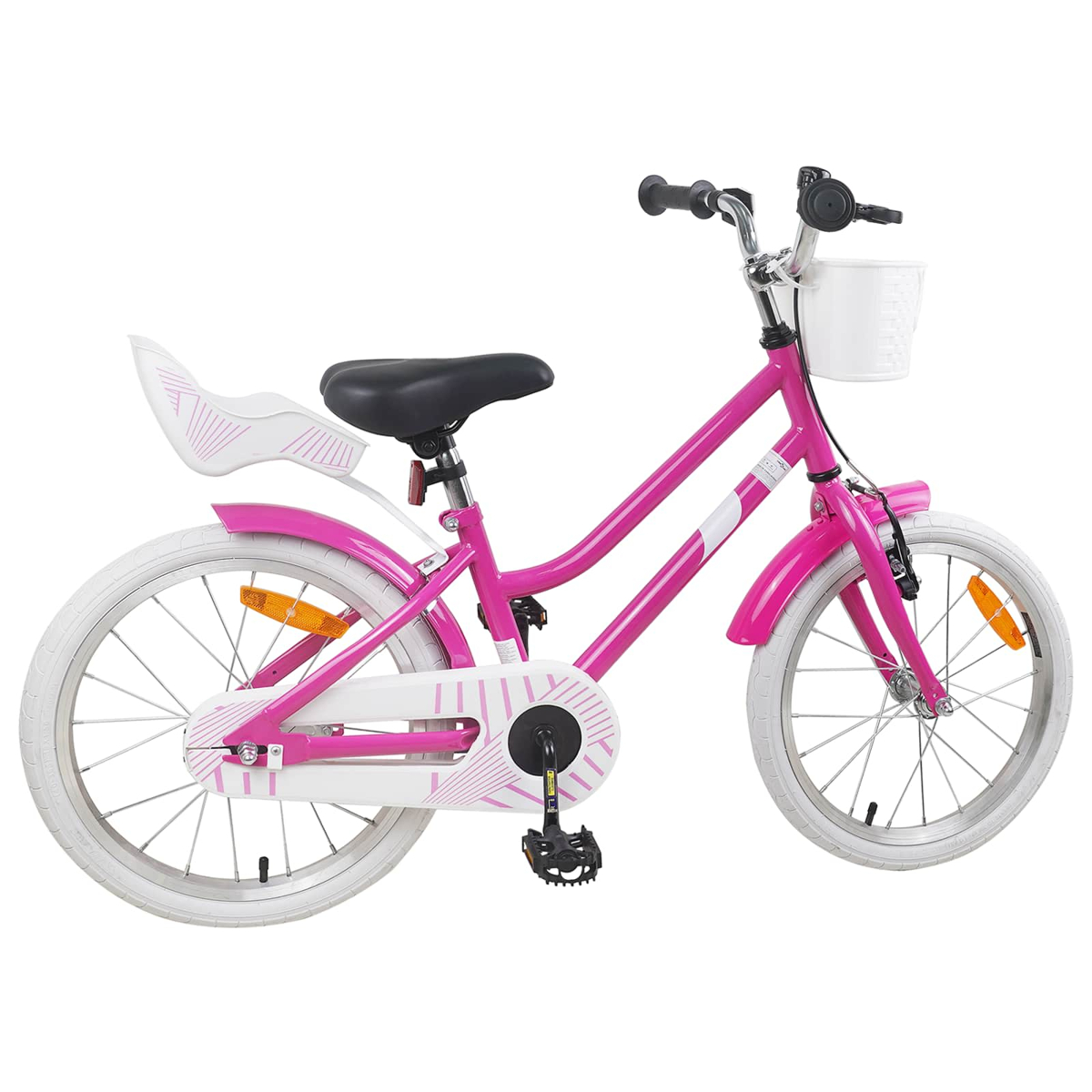 Ein pinkes Kinderfahrrad mit weißen Rädern, weißem Korb und weißem Puppensitz.