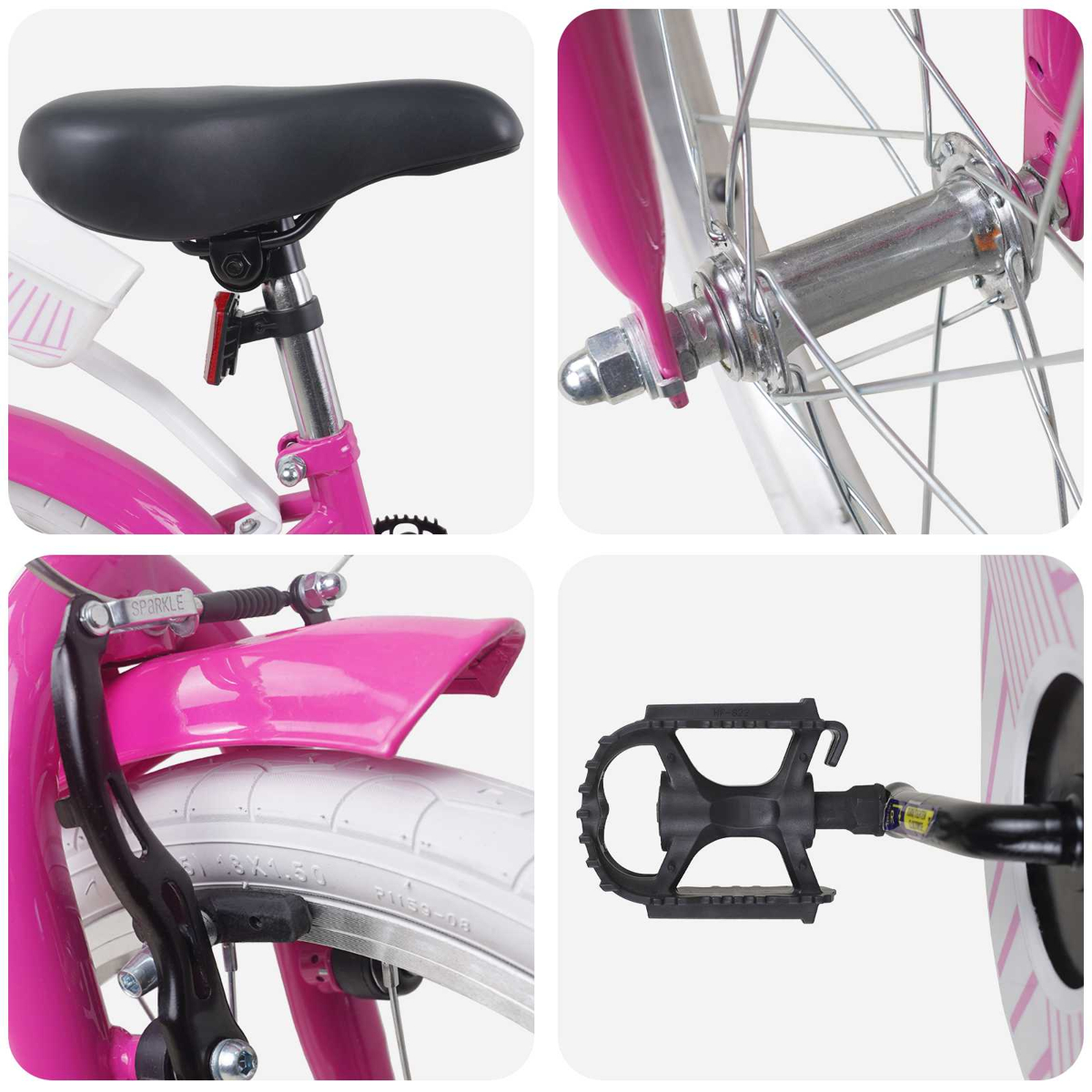 Rosa Fahrrad Details: Sattel, Vorderradnabe, hinterer Kotflügel und Pedal.