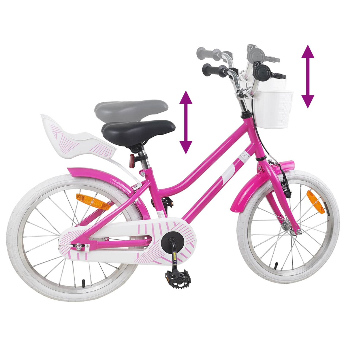 Ein pinkes Kinderfahrrad mit weißem Korb und weißen Reifen. Höhenverstellbar.