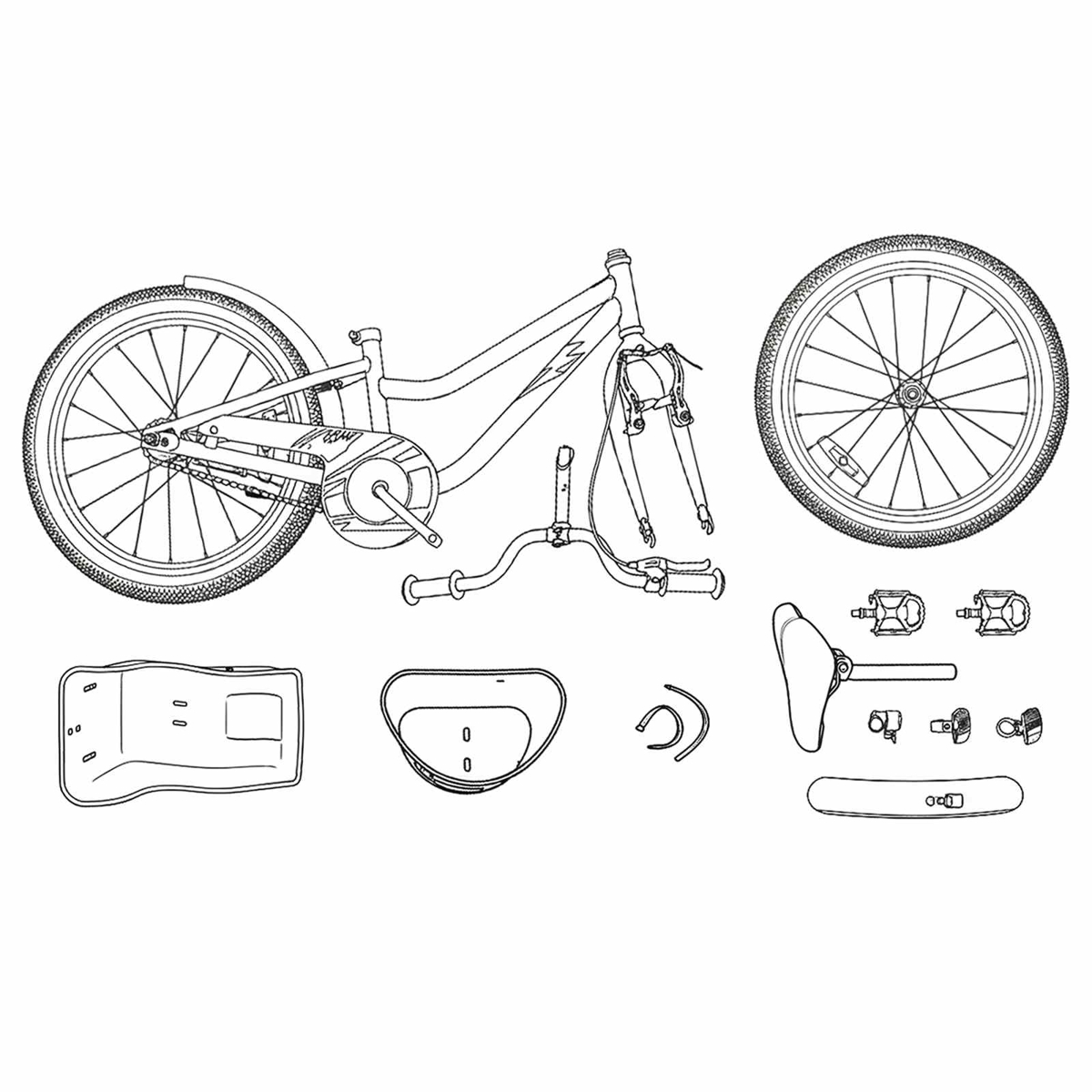 Zeichnung eines Fahrradrahmens mit Rädern, Lenker, Sattel und Pedalen.