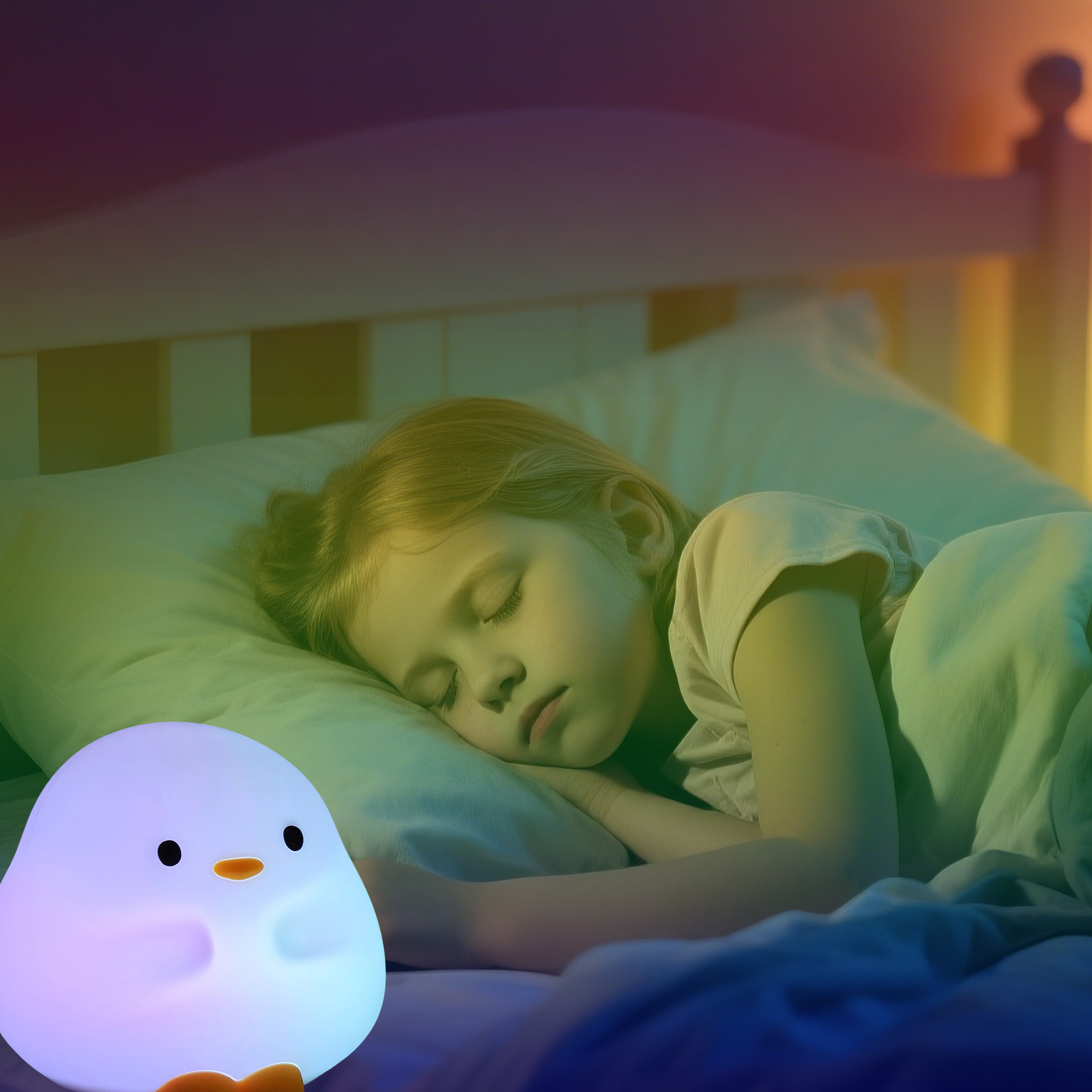 Una bambina dorme profondamente nel letto, illuminata dal delicato bagliore multicolore di una piccola luce notturna a forma di pulcino.