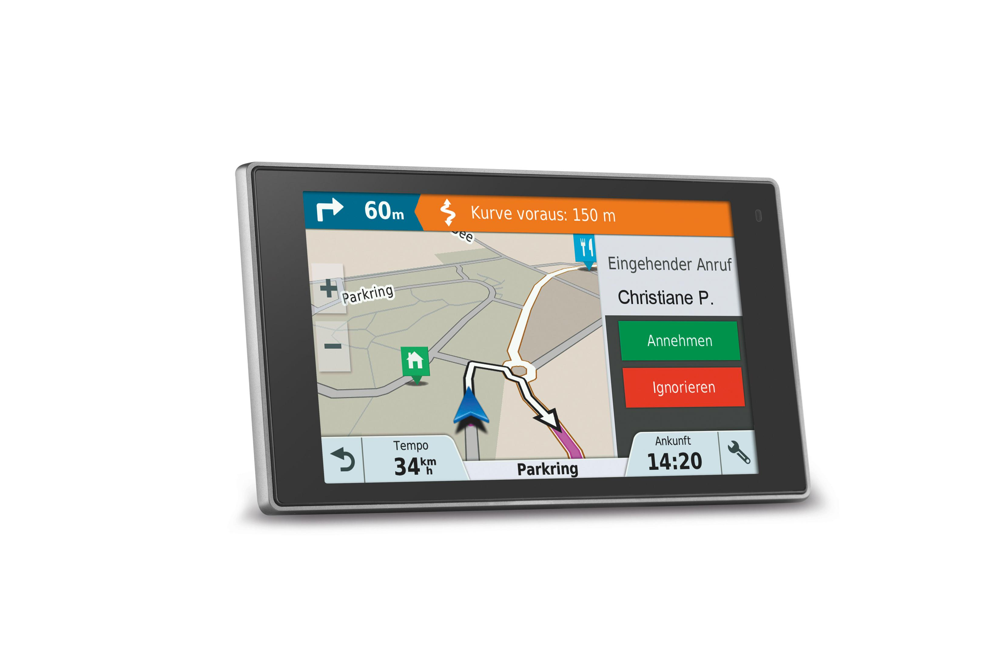 Navigationsgerät zeigt Karte, Anruf von Christiane P., Tempo 34km/h, Ankunft 14:20.