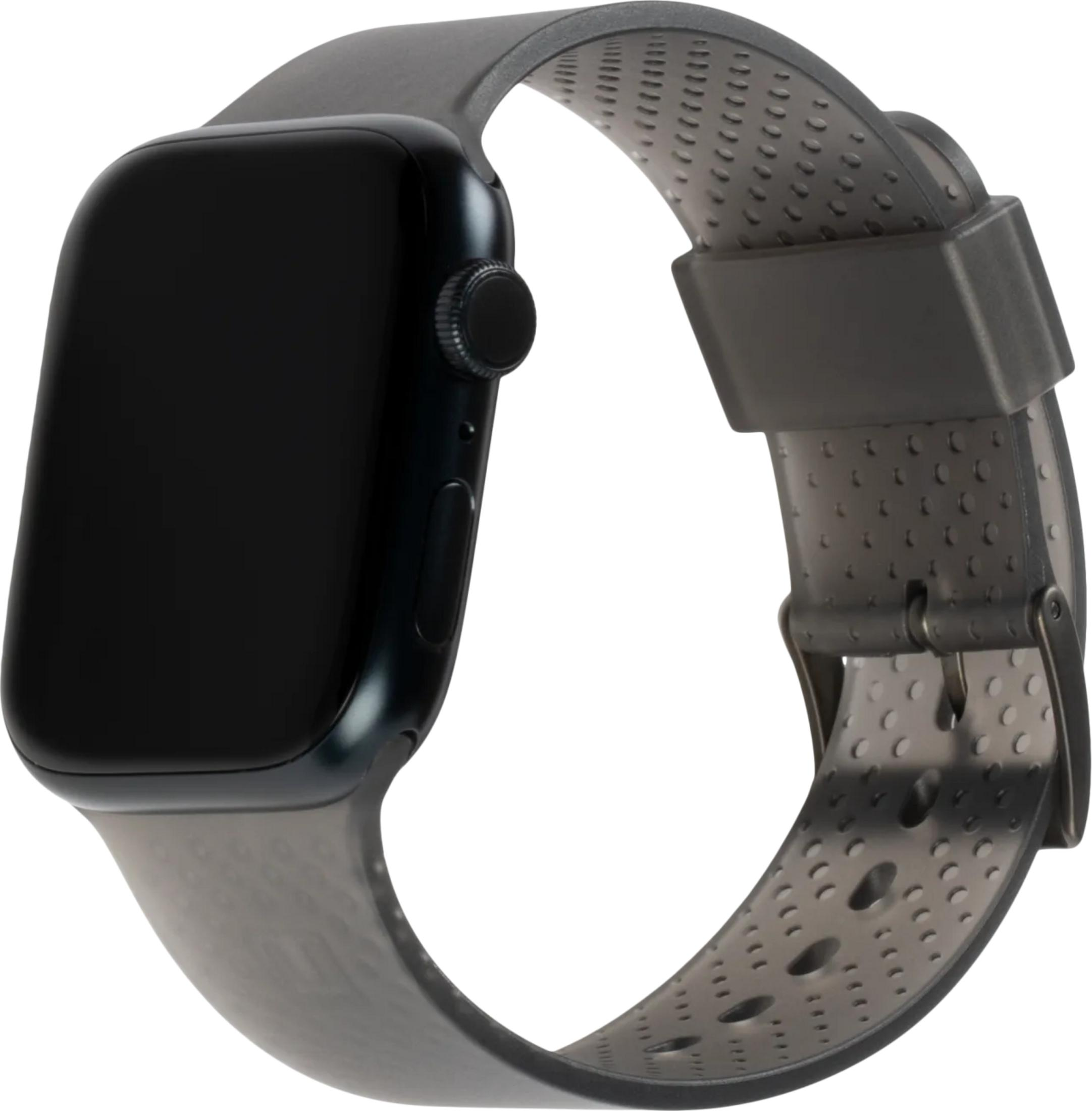 Czarny smartwatch z perforowaną ciemnoszarą opaską na białym tle.
