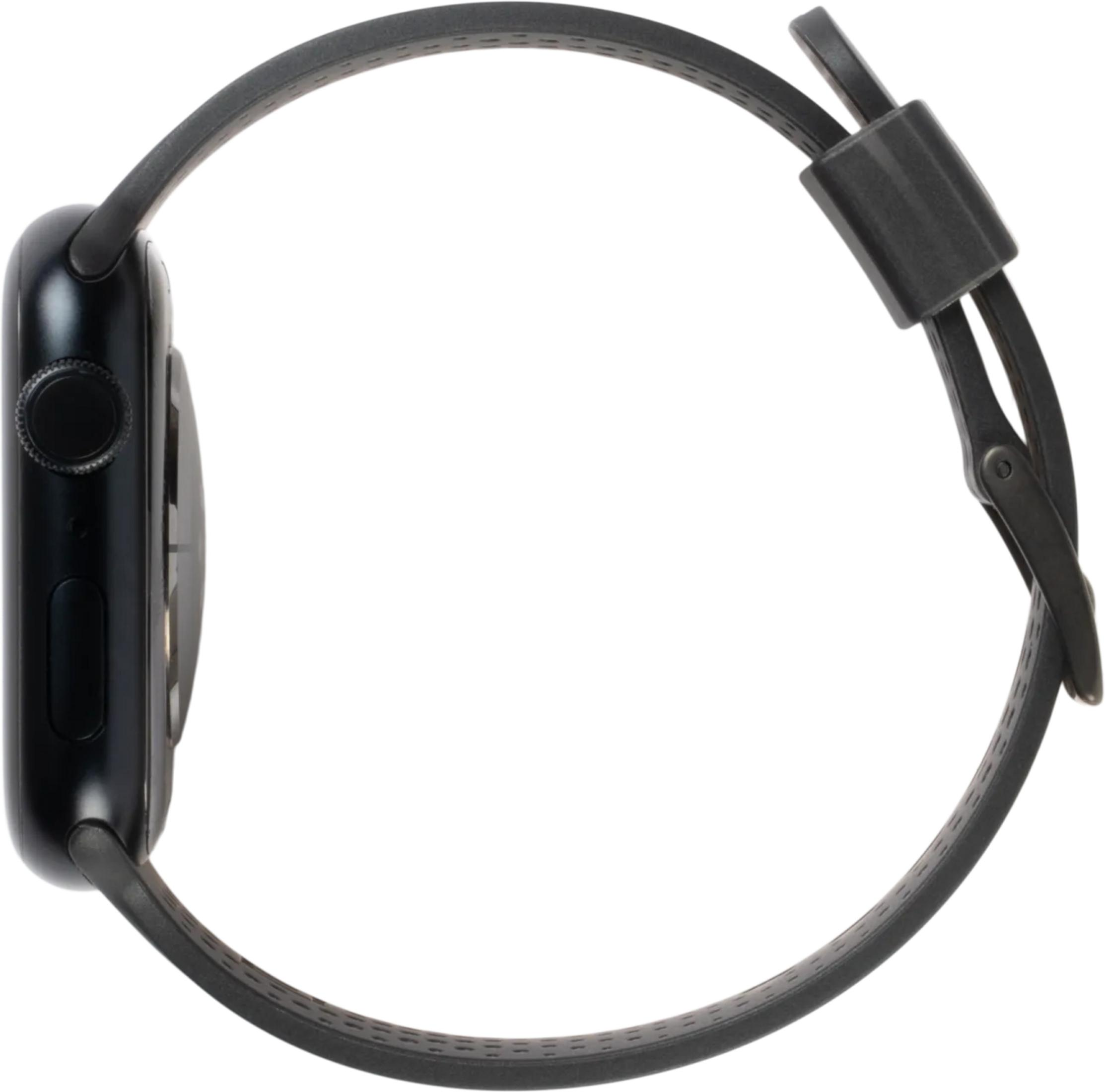 Czarny smartwatch z czarną opaską, widok z boku.
