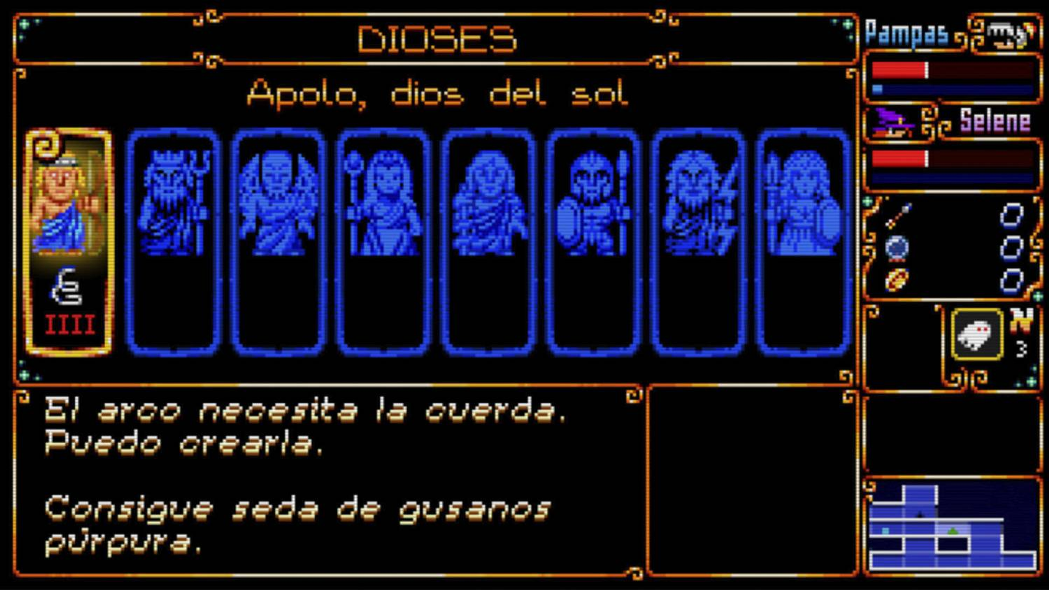 Schermata di gioco con menu di divinità e oggetti. Apollo è visualizzato.