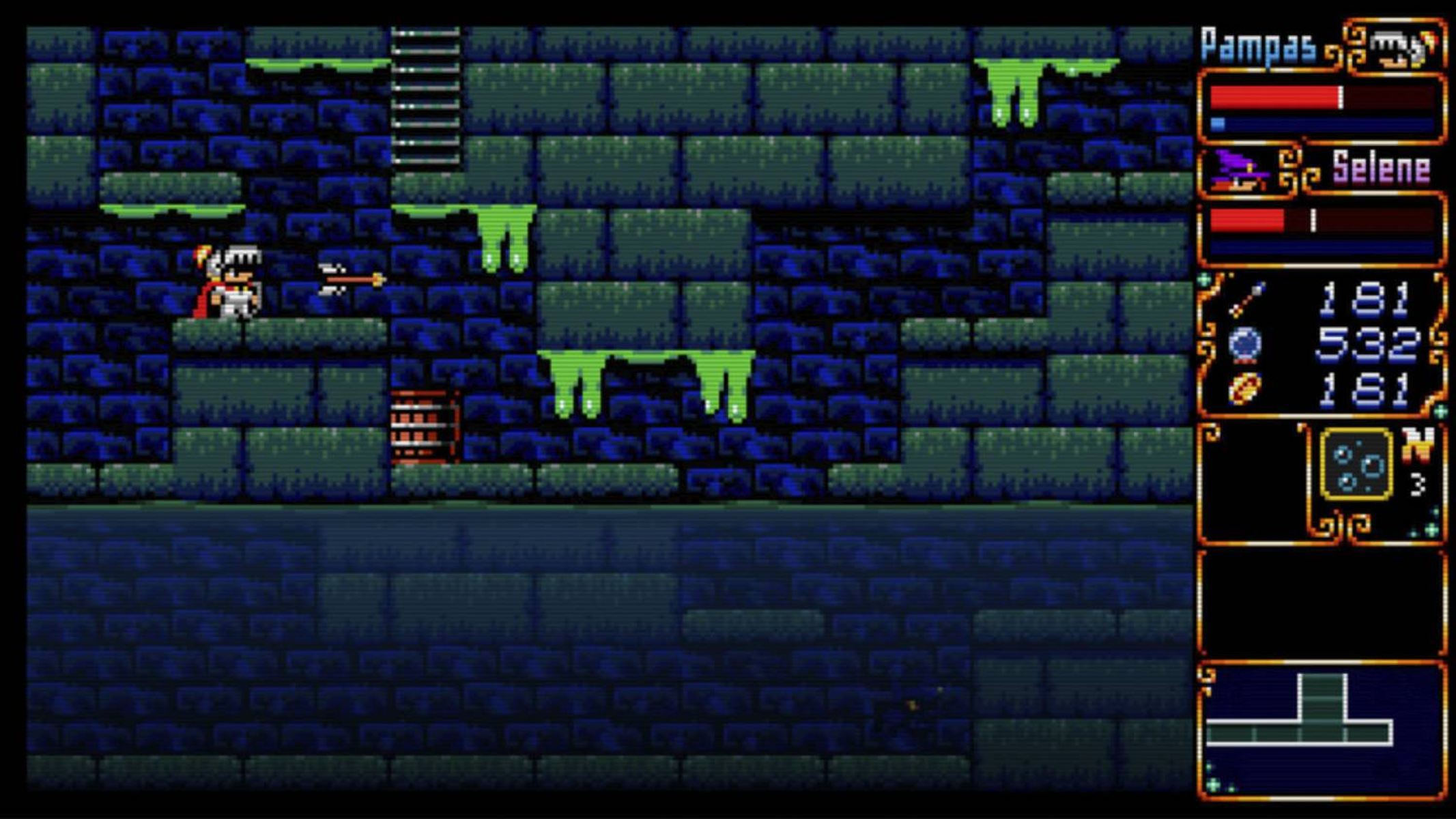 Avventura pixel: Cavaliere in labirinto di pietra blu con gocce di melma verde.