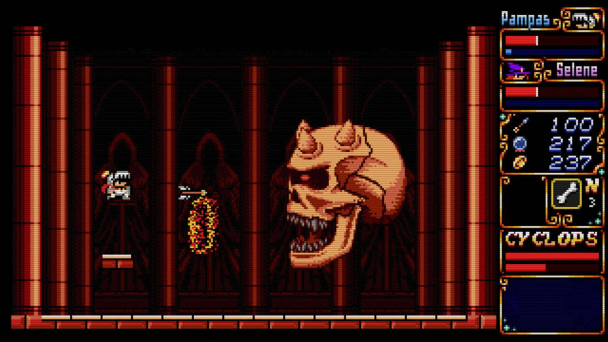 Scena pixel art: teschio cornuto, due figure incappucciate, interfaccia di gioco.
