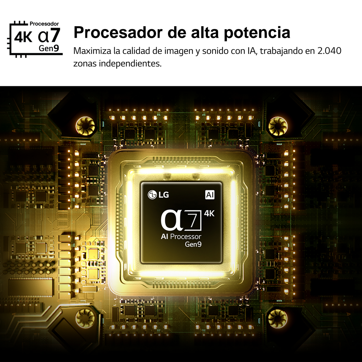 Un procesador dorado con la etiqueta LG α7 4K AI Processor Gen9 en una placa de circuito.