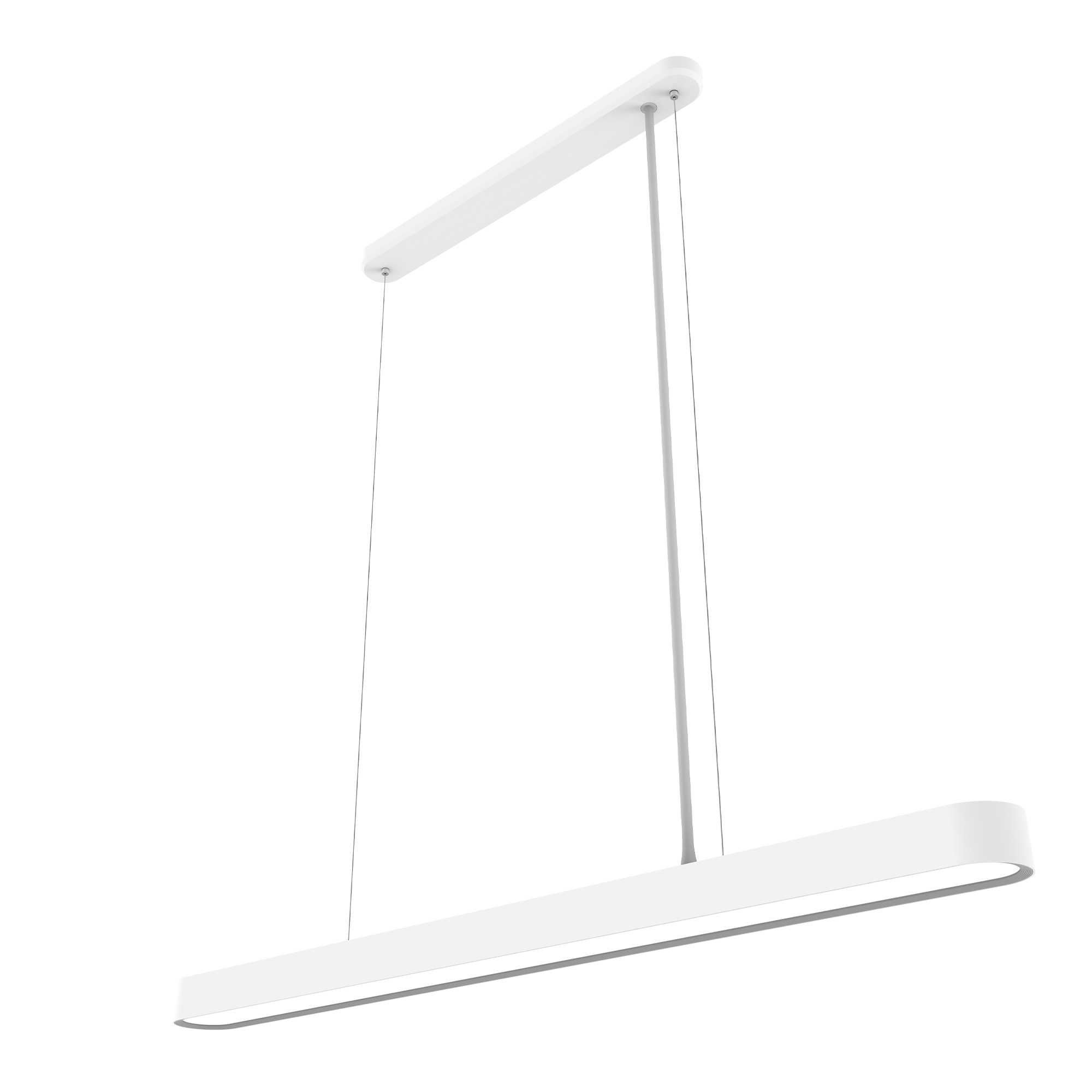 Biała lampa wisząca z podłużnym, owalnym kloszem zawieszonym na cienkich linkach.