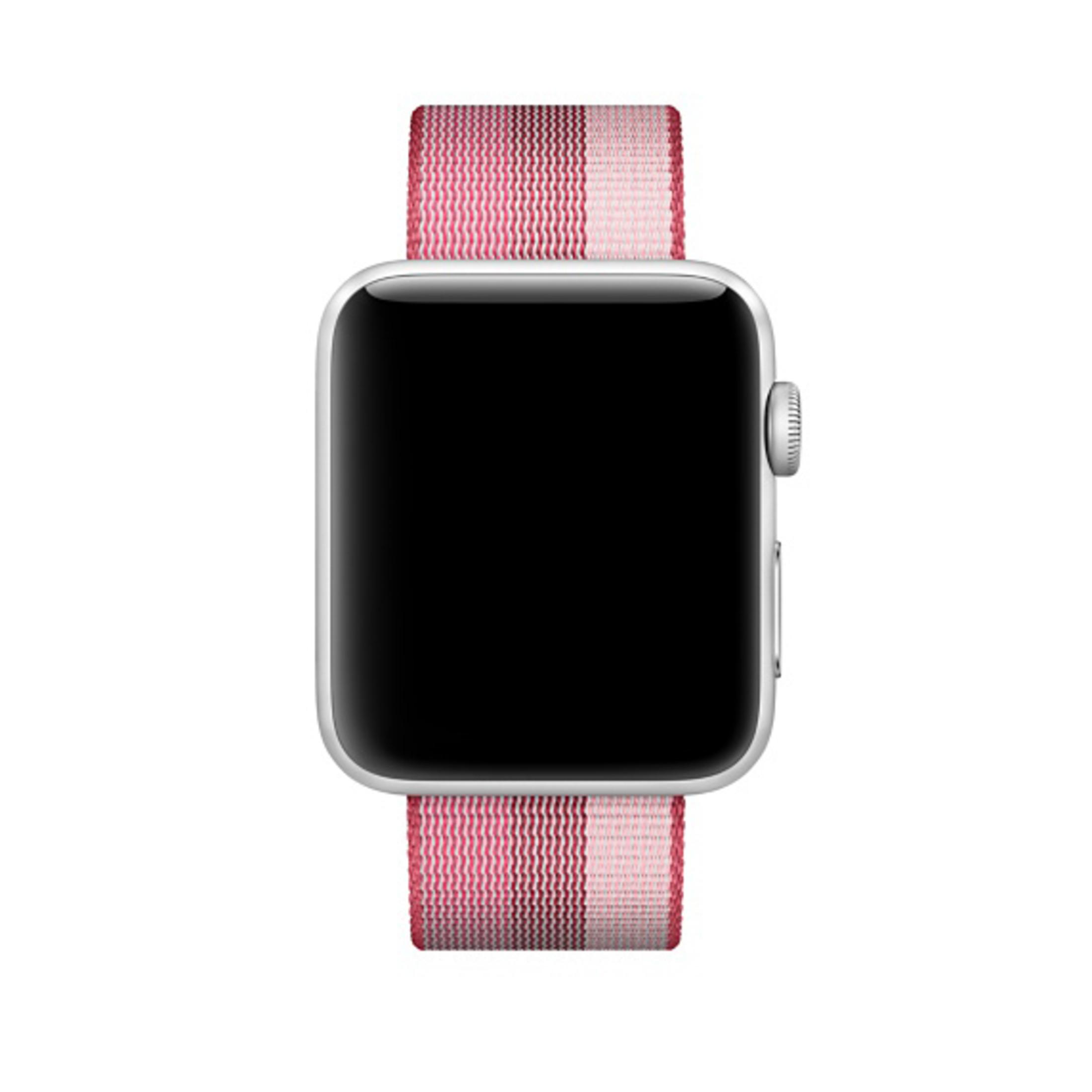 Srebrny smartwatch z paskiem w różowo-białe paski.