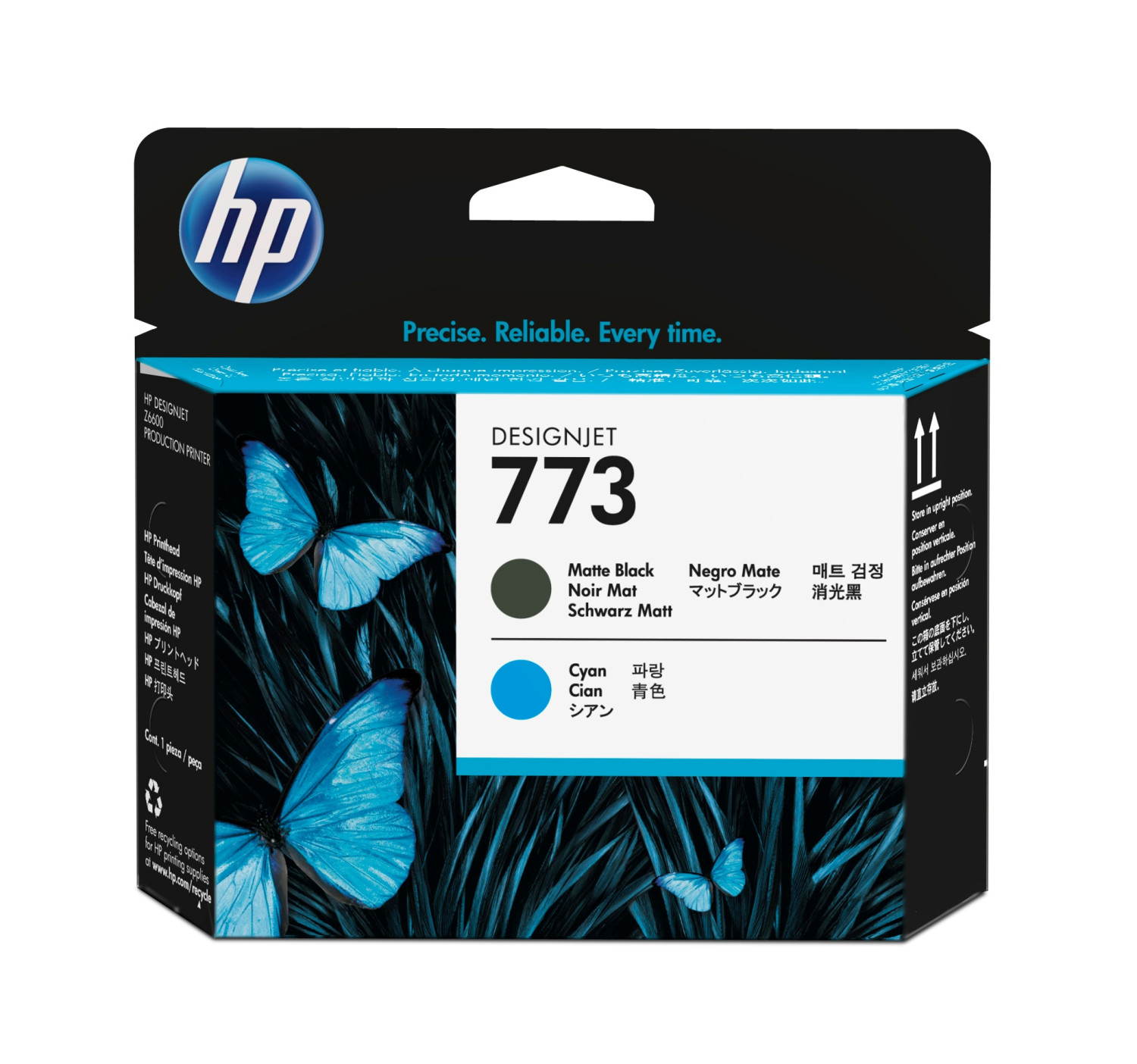 Cartuccia d'inchiostro HP Designjet 773 con motivo di farfalla blu e testo.