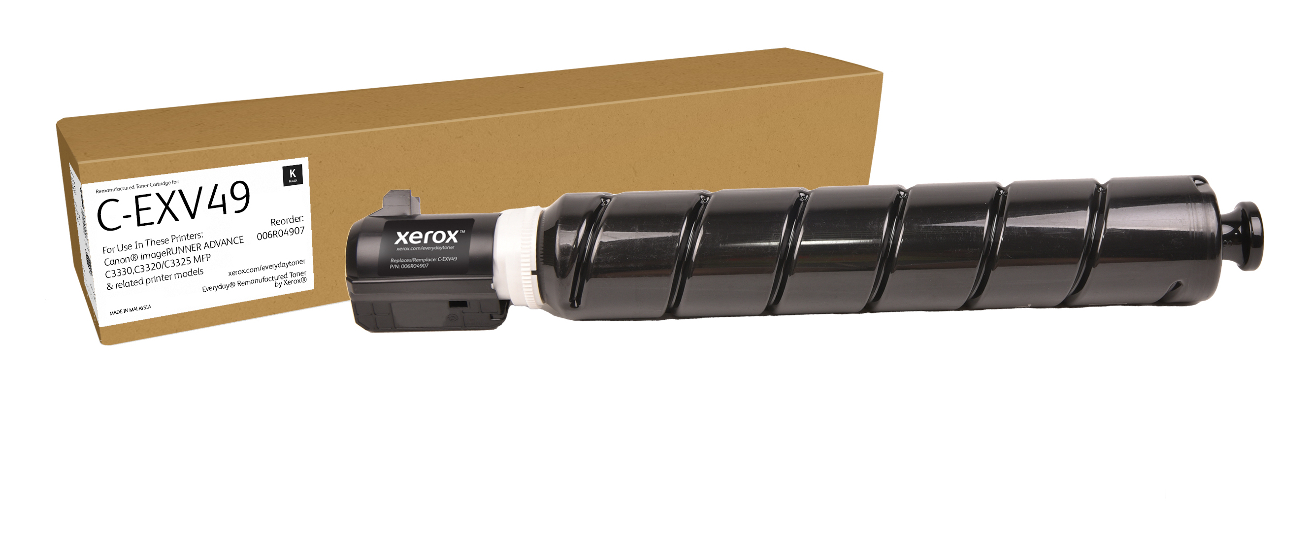 Cartuccia toner Xerox C-EXV49 nera accanto a una scatola marrone.