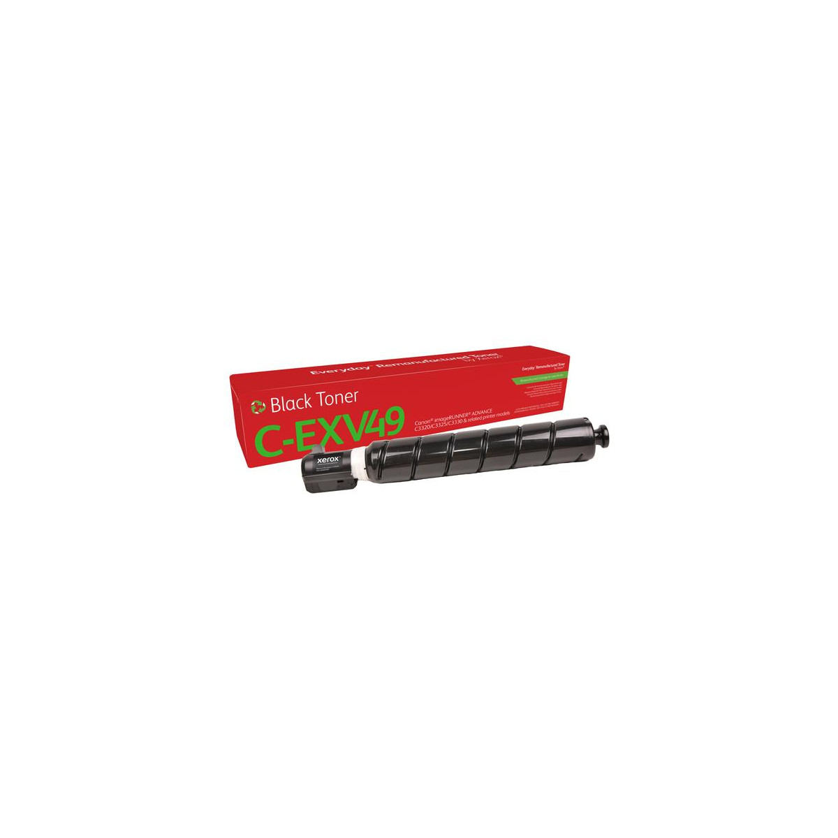 Cartuccia toner Xerox C-EXV49 nera con confezione rossa. Mostra anche modelli di stampanti Canon.