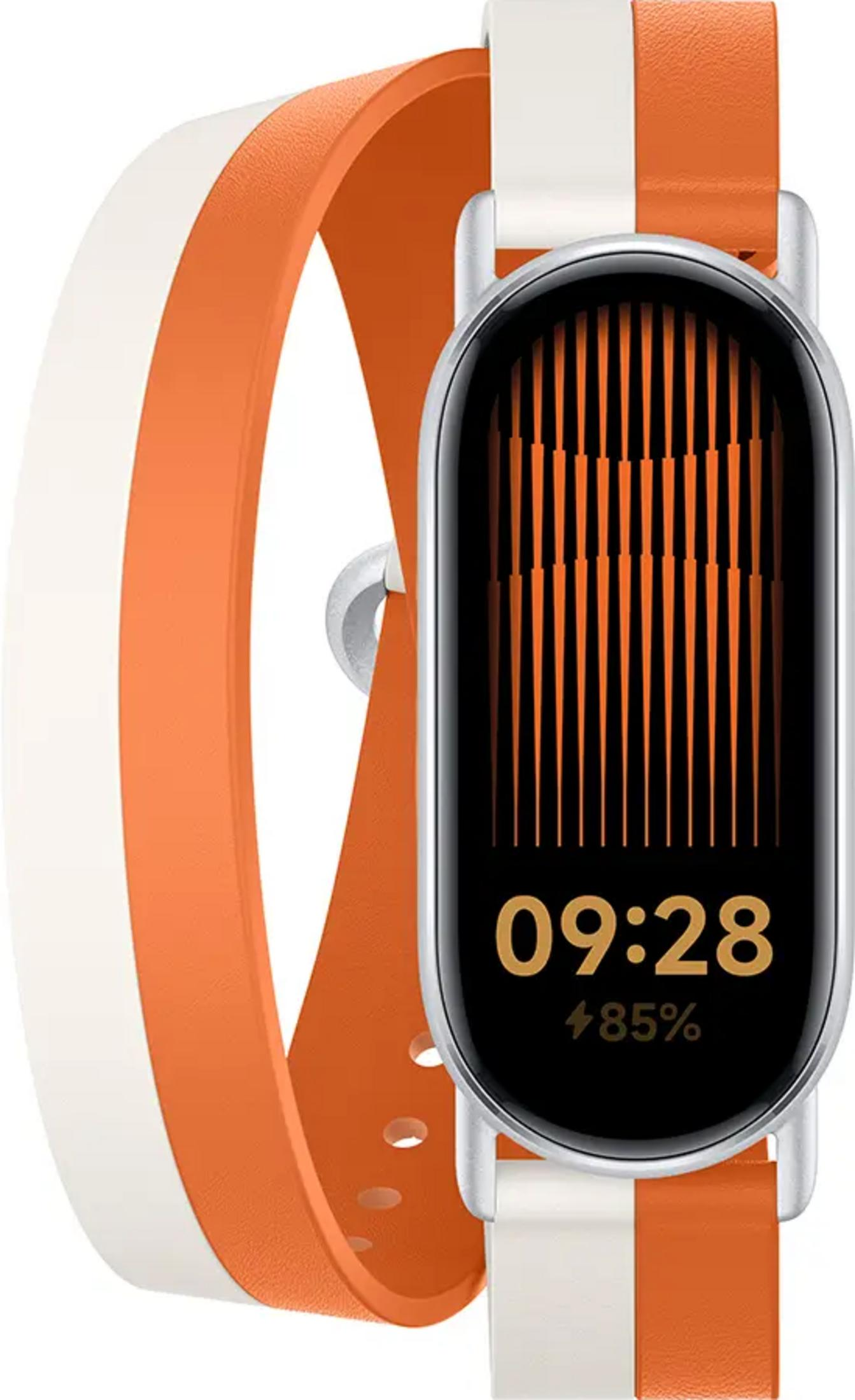 Eine Smartwatch mit einem orange-weißen Armband und einem schwarzen Display, das 09:28 anzeigt.