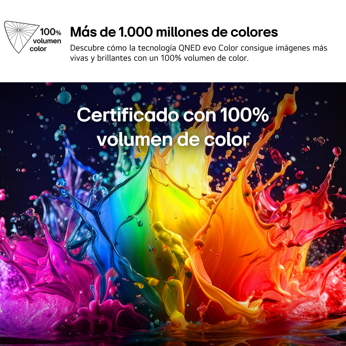 Explosión de pintura en colores del arcoíris con texto sobre 100% de volumen.