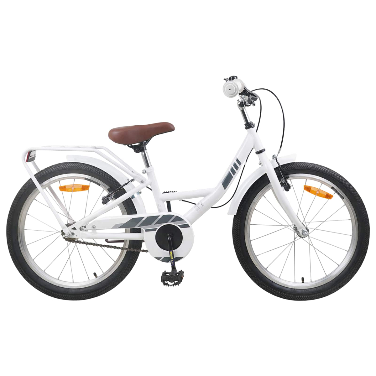 Ein weißes Kinderfahrrad mit braunem Sitz und schwarzen Reifen wird gezeigt.