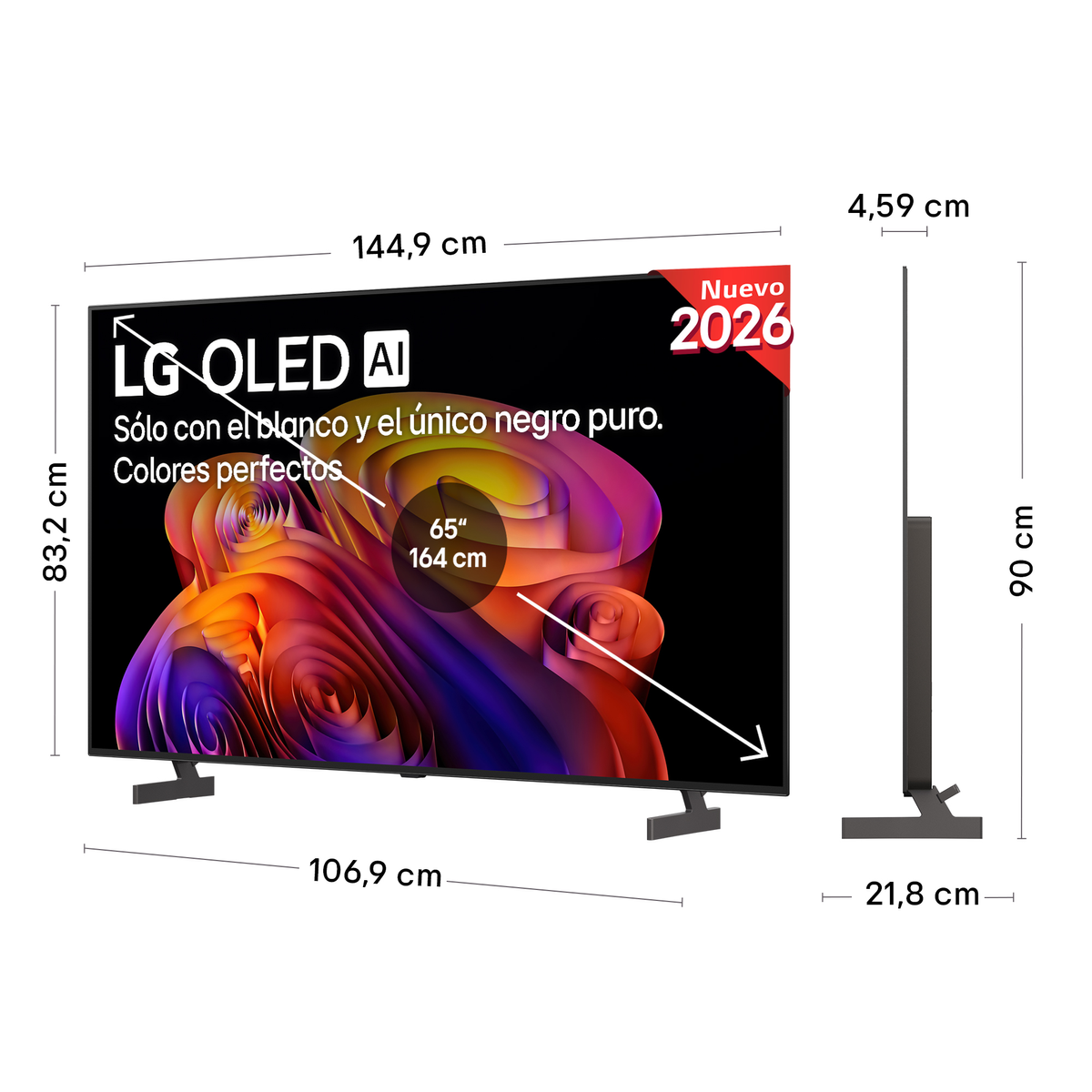 Un televisor LG OLED AI de 65 pulgadas con dimensiones y especificaciones.